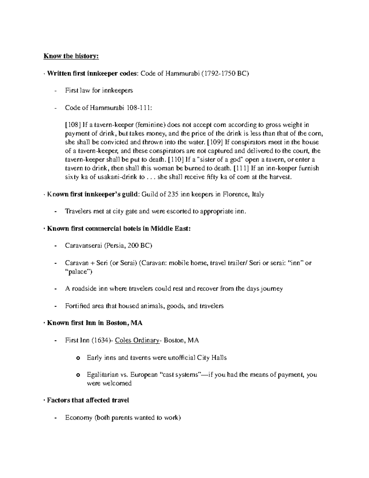 hotel operations exam 1 review - Know the history: · Written first ...