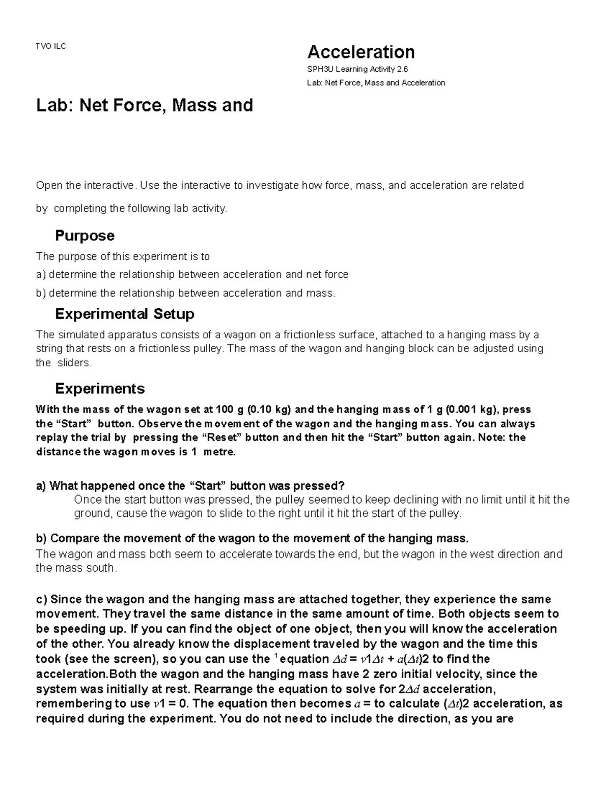 Lab Motion and Forces - n/a - TVO ILC Lab: Net Force, Mass and ...