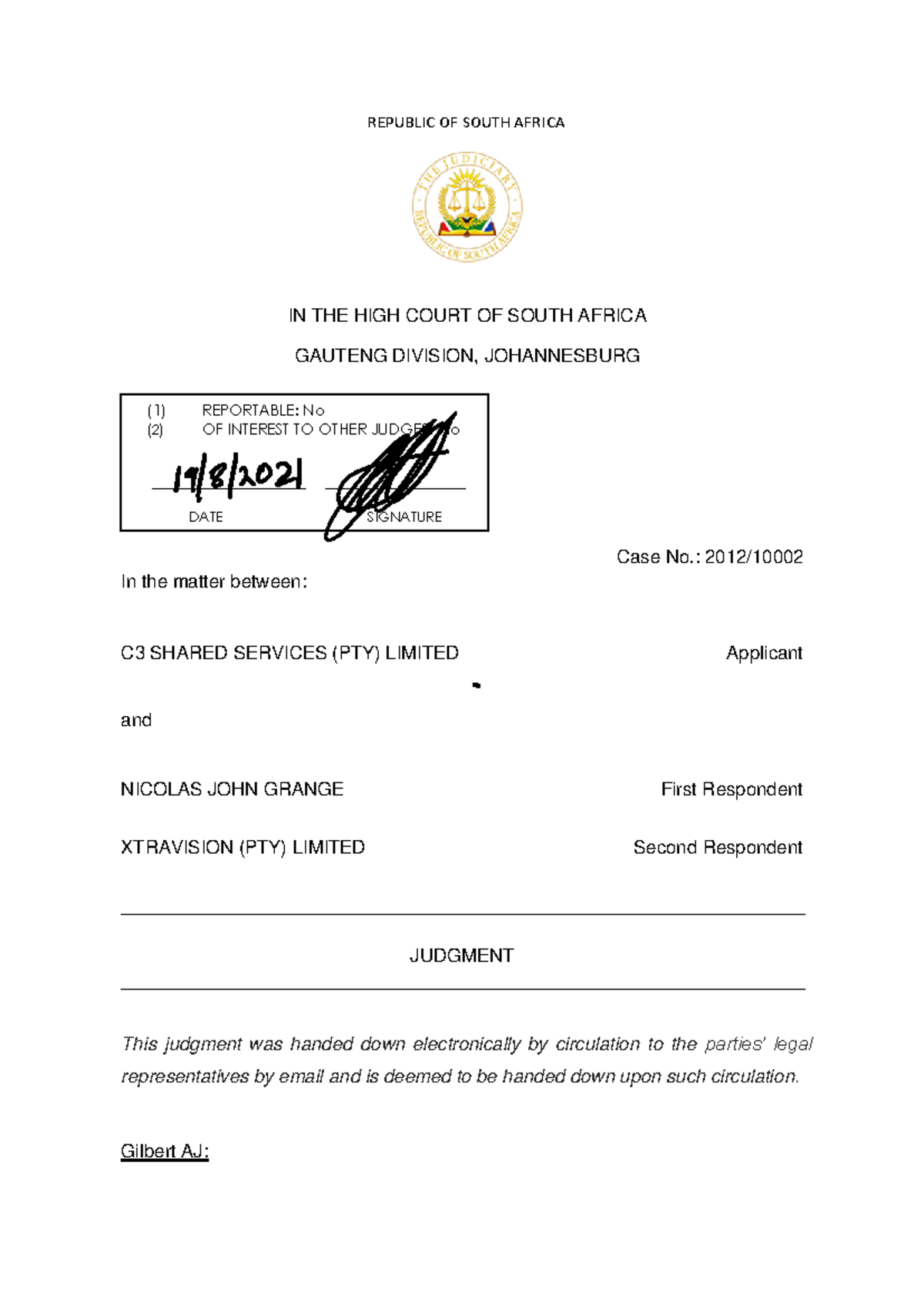409 - Case law - REPUBLIC OF SOUTH AFRICA IN THE HIGH COURT OF SOUTH ...