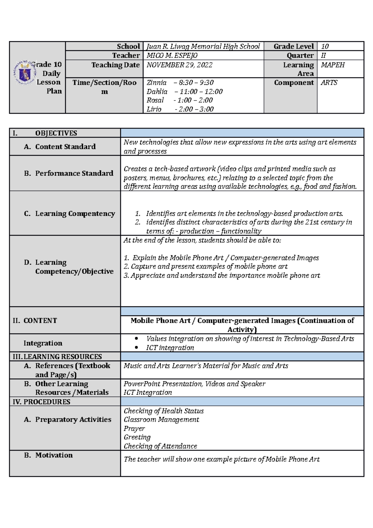 November 24 2022 G10 Mapeh - Grade 10 Daily Lesson Plan School Juan R ...