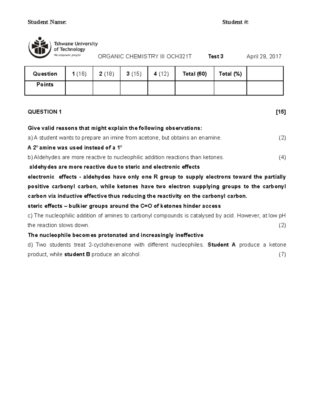2017 Och321t Test 3memo Student Name Student Organic Chemistry