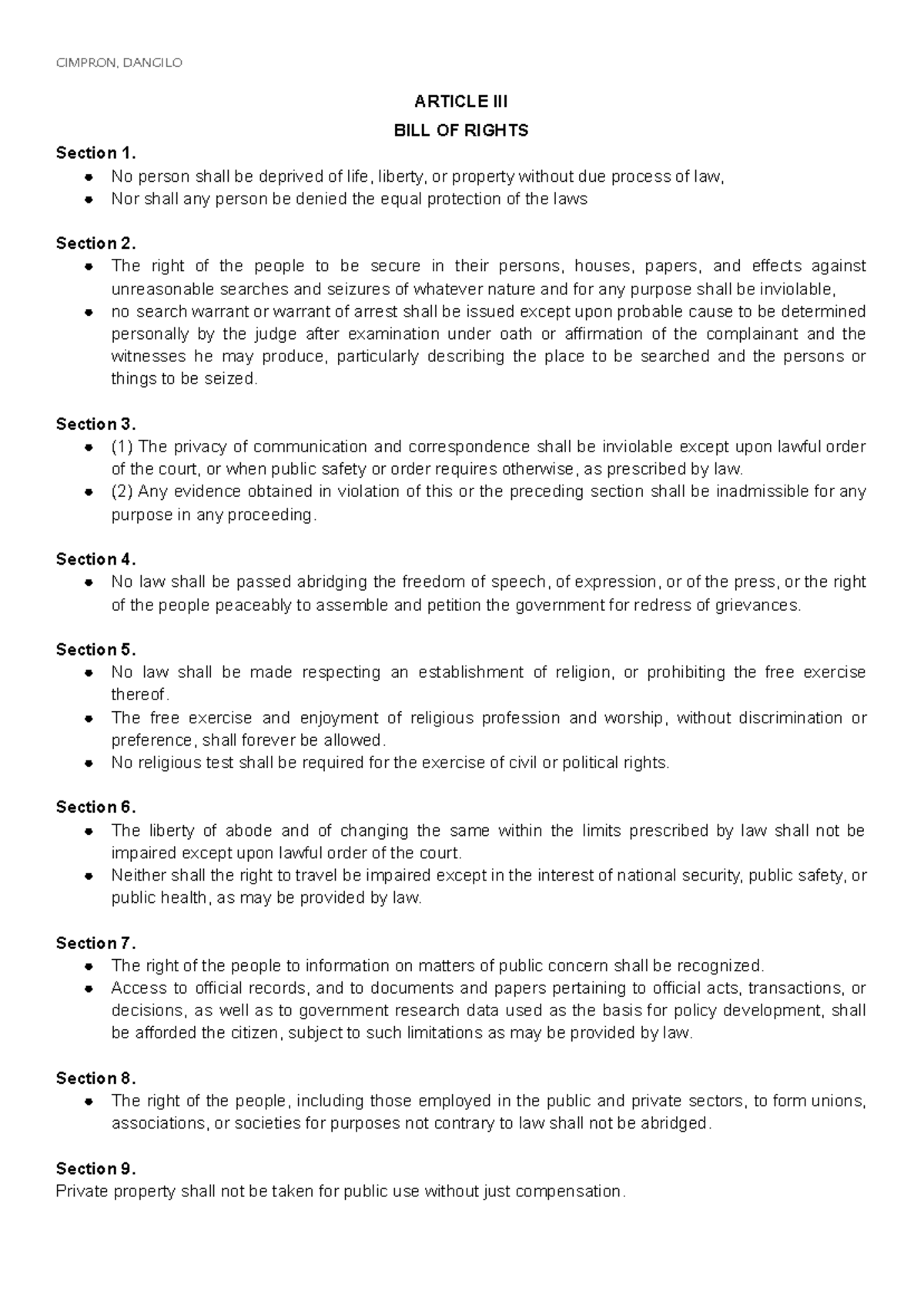 Article III - Bill pf Rights - CIMPRON, DANGILO ARTICLE III BILL OF ...