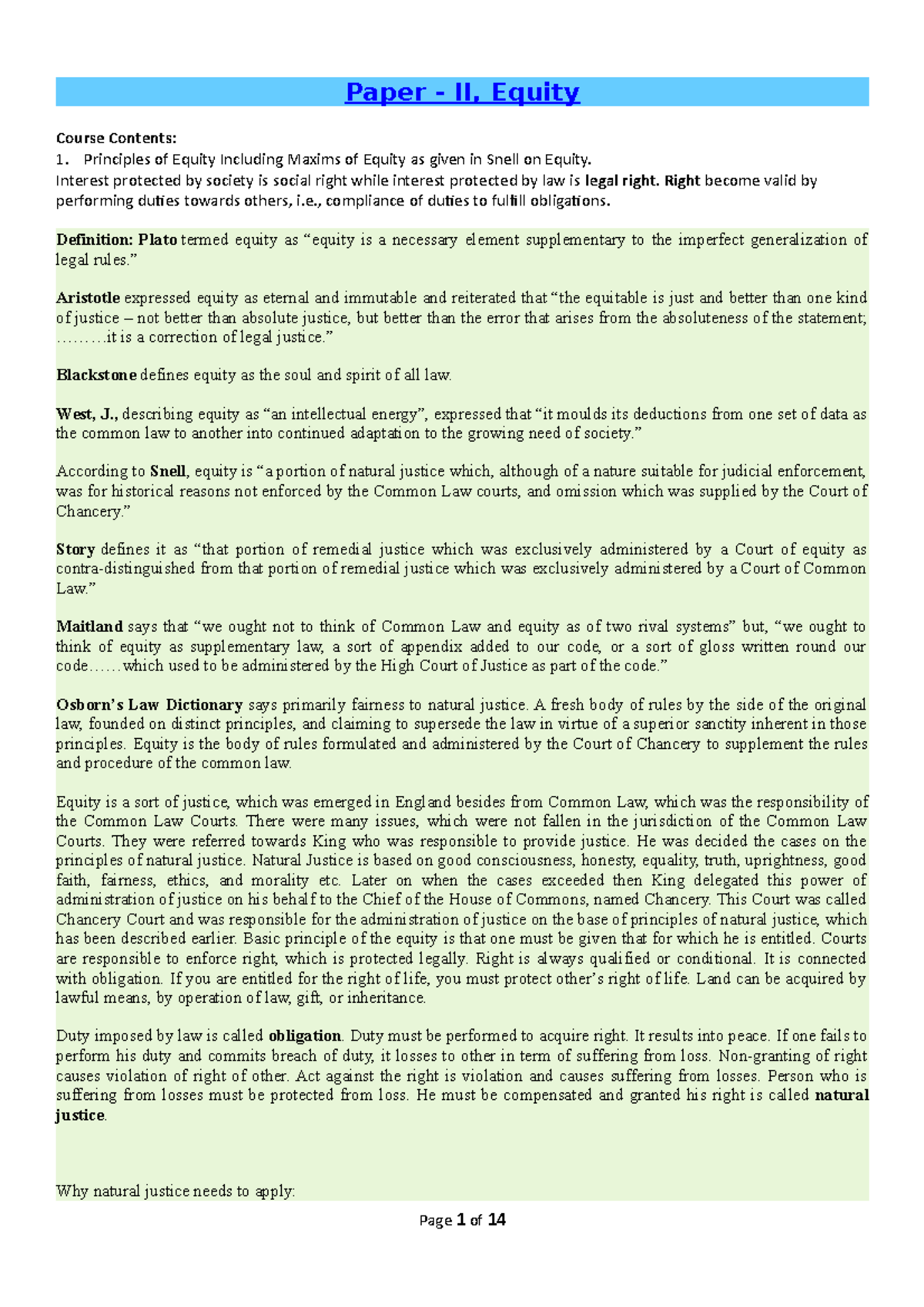 Equity LLB. PART 2 (II) - Lecture notes 1 - Paper - II, Equity Course ...