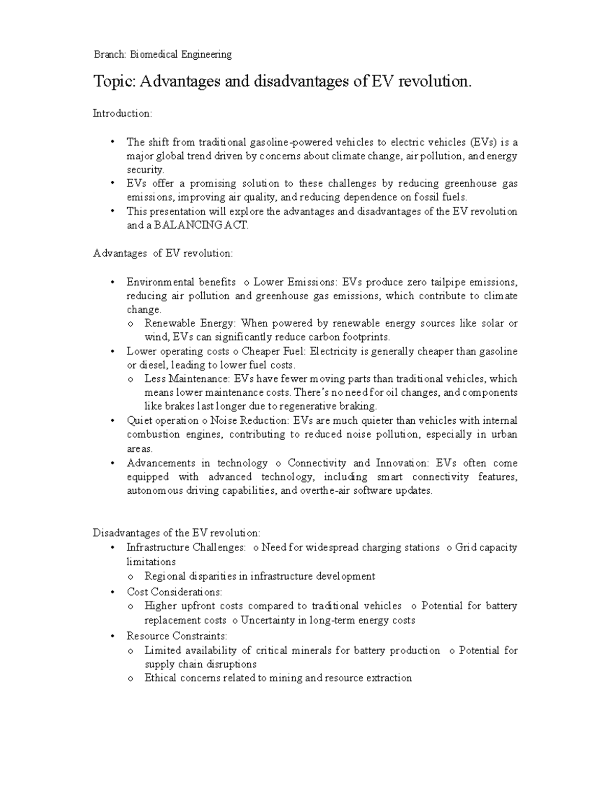Advantages and Disadvantages of EV vehicles - Branch: Biomedical ...
