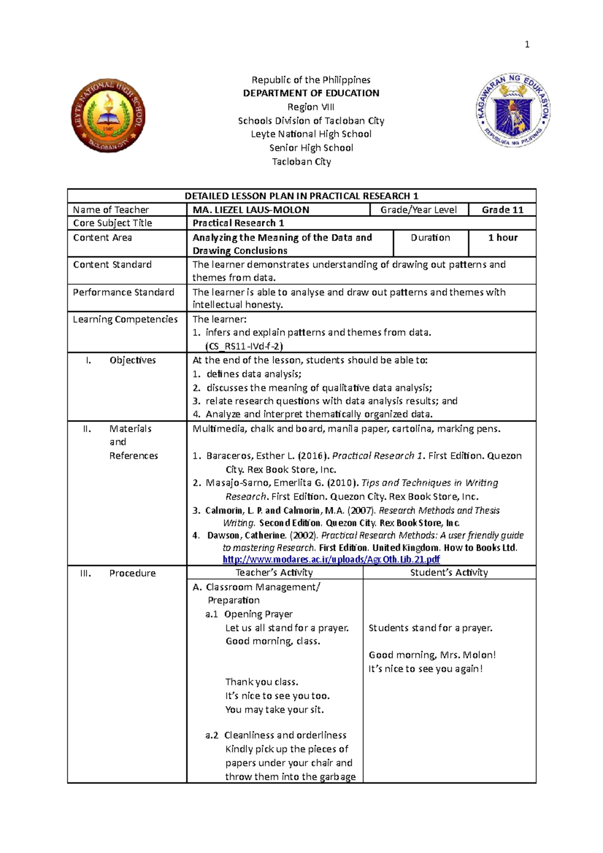 Detailed Lesson In Practical Research 1 Data Analysisa 4 - 1 Republic 