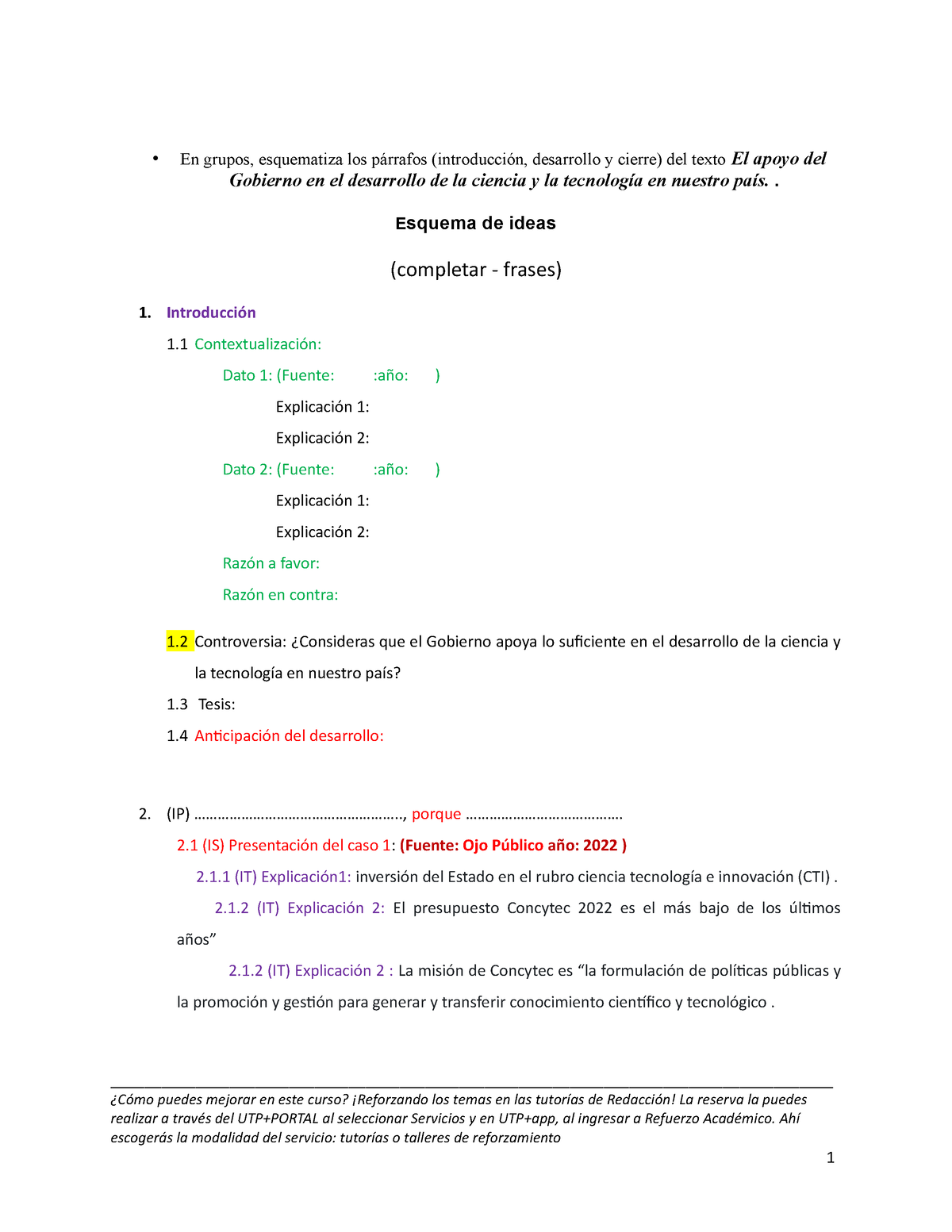 Esquema De Ideas • En Grupos Esquematiza Los Párrafos Introducción Desarrollo Y Cierre Del 1201