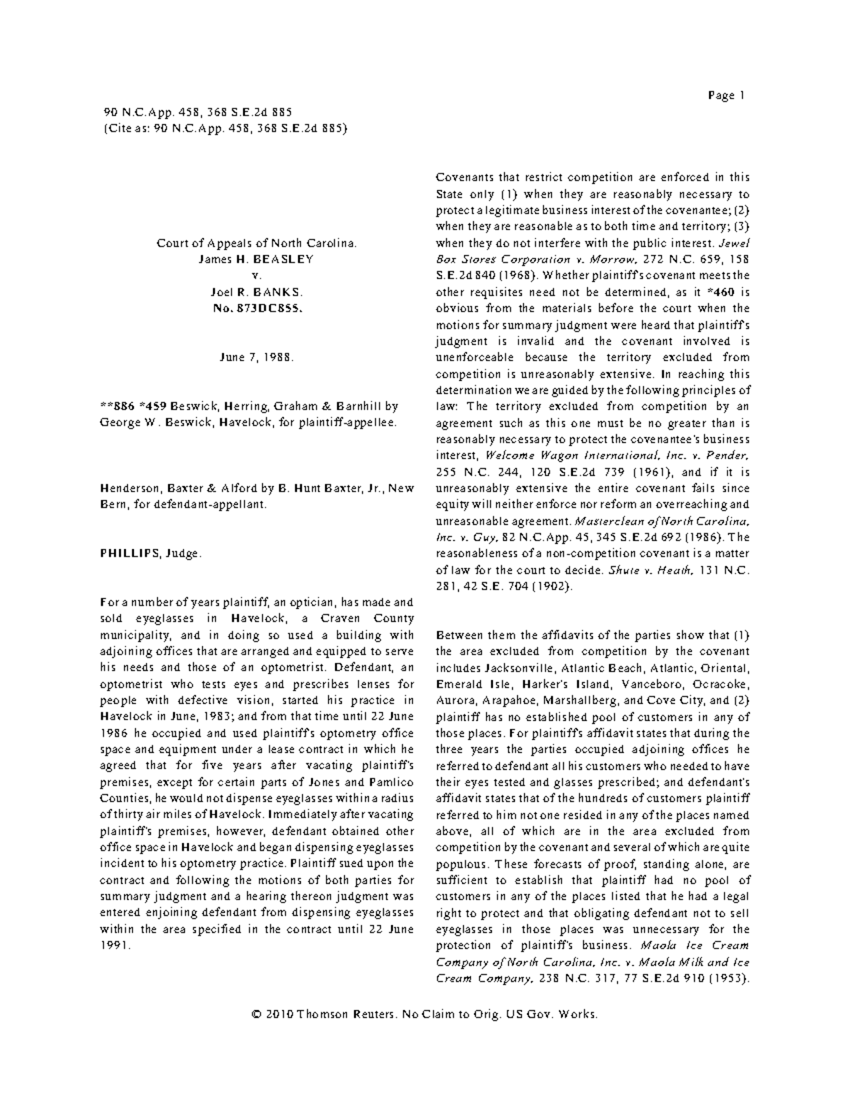 Beasley v. Banks Case Reference - Page 1 90 N.C. 458, 368 S.E 885 (Cite ...