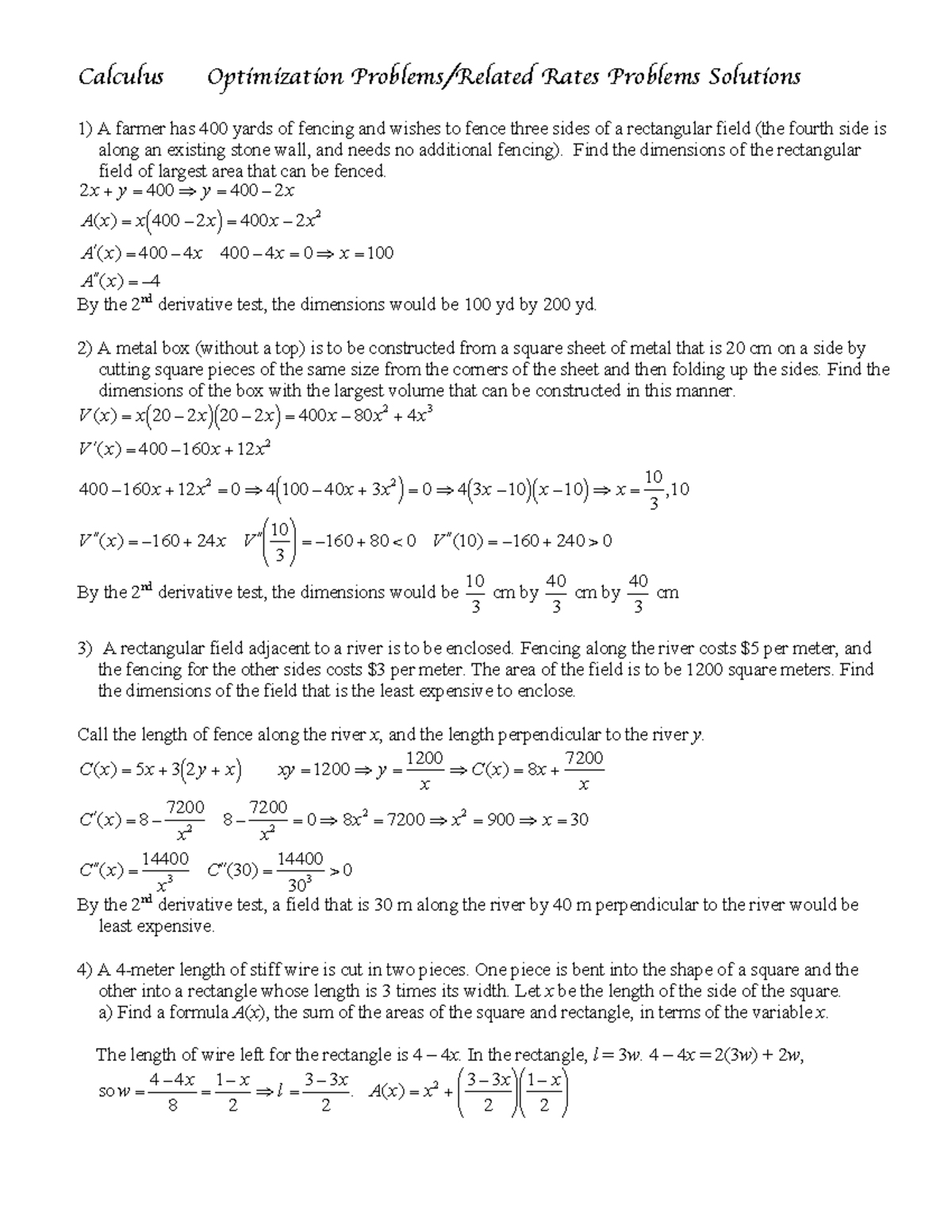 Optimization Calculus - Calculus Optimization Problems/Related Rates ...