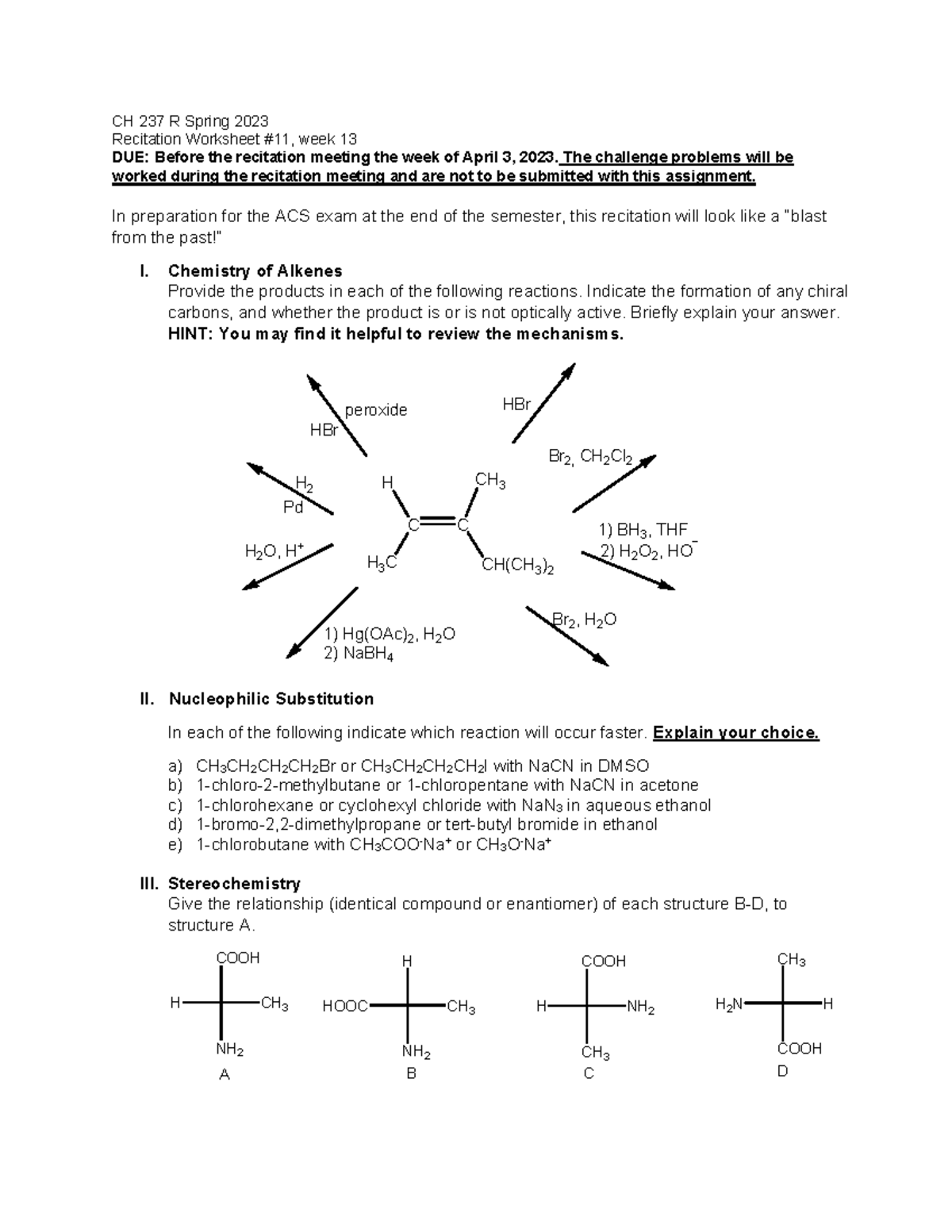 CH 237 Pre-recitation Worksheet 11 Sp 2023 - CH 237 R Spring 2023 ...