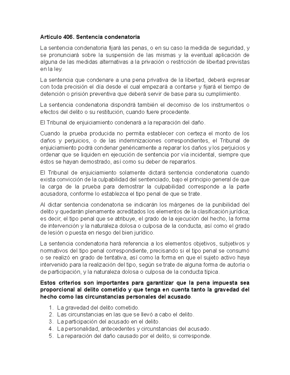 Artículo 406 - tareas de derecho - Artículo 406. Sentencia condenatoria