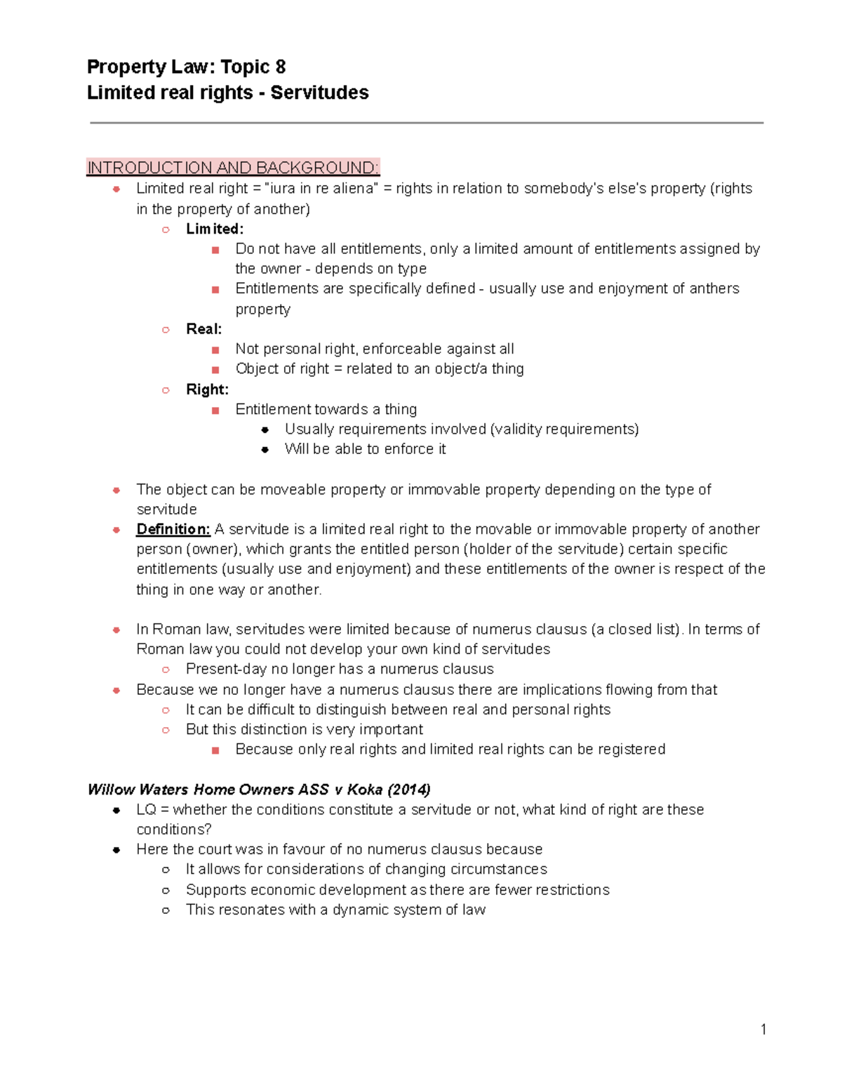 Property Law(2021) Topic 8 Limited real rights servitudes TERM 4