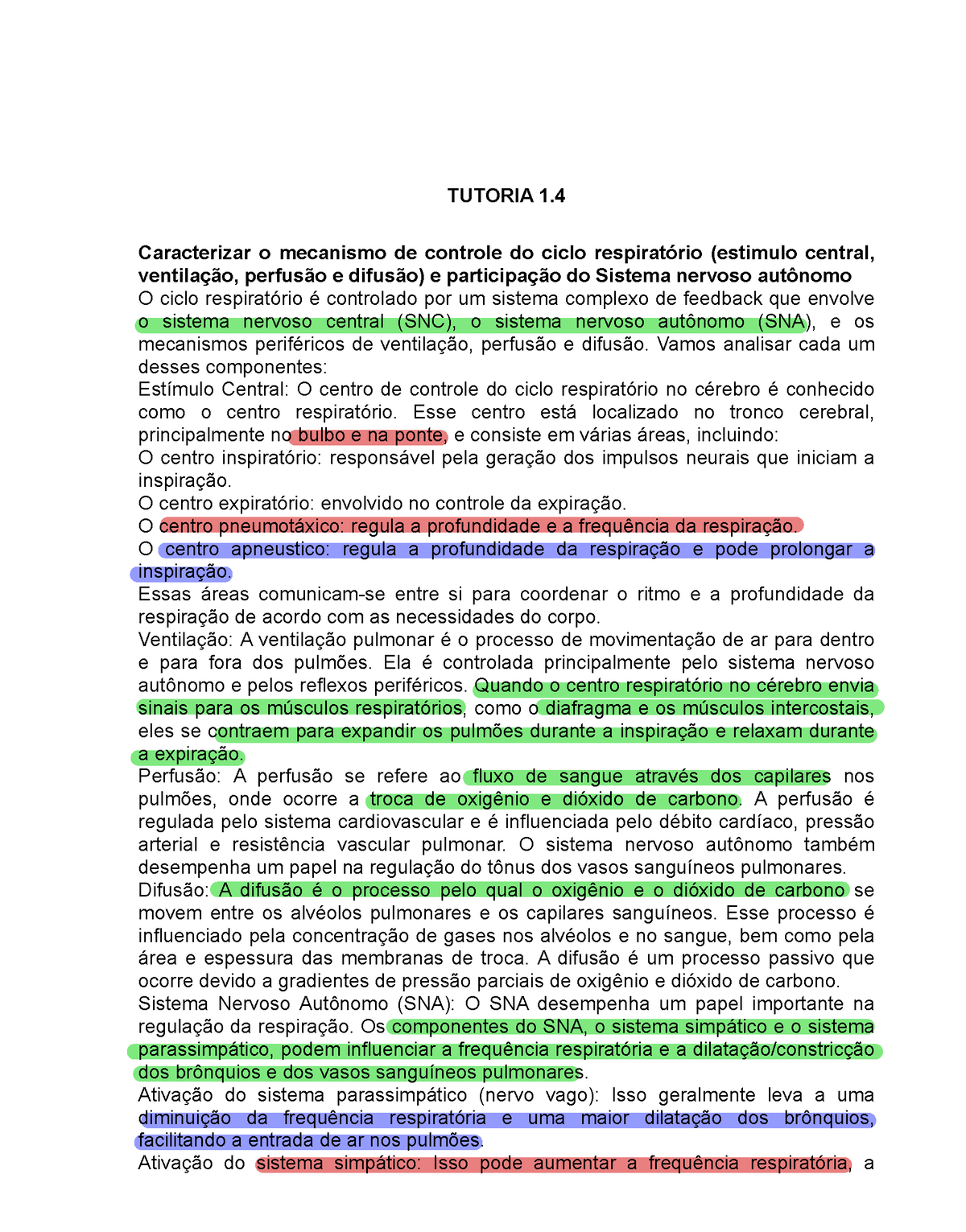 SP Relatório de Rim TUTORIA Caracterizar o mecanismo de controle do ciclo respiratório