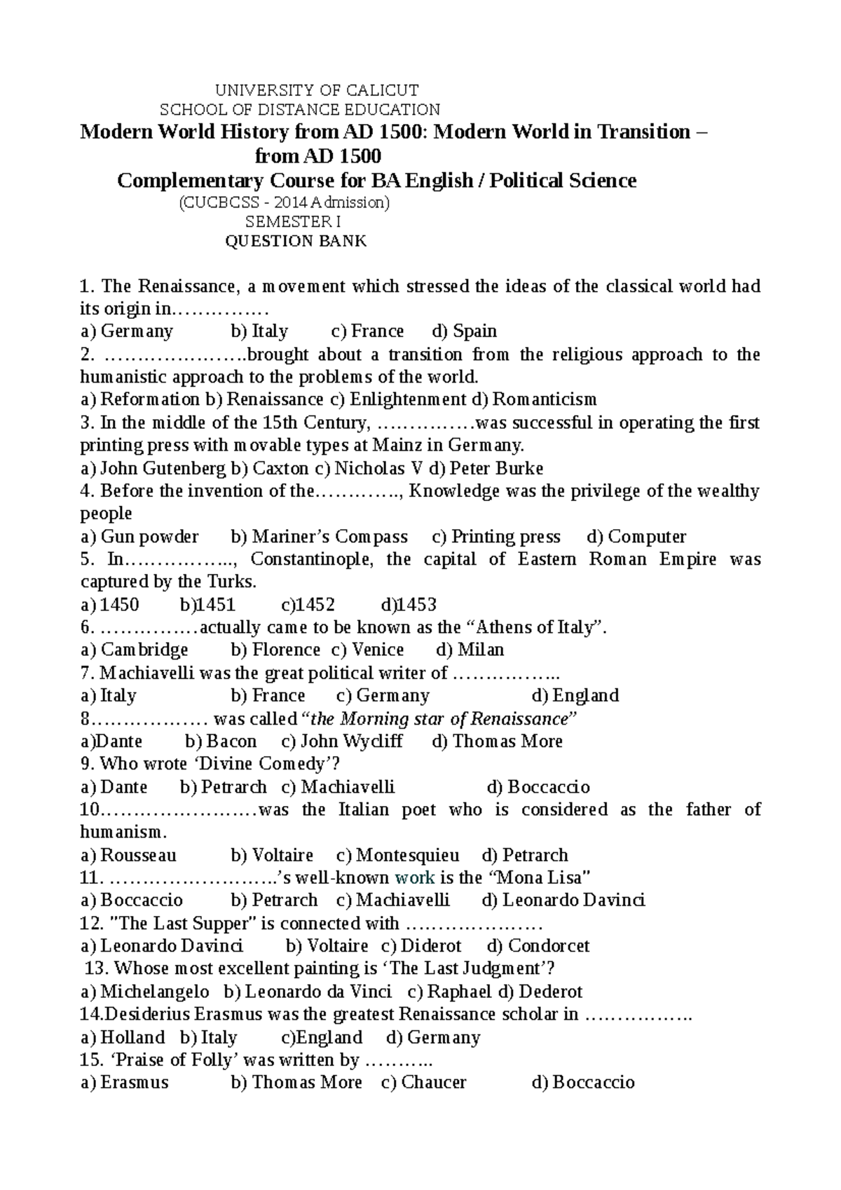 World history study material for exam UNIVERSITY OF CALICUT SCHOOL OF DISTANCE EDUCATION