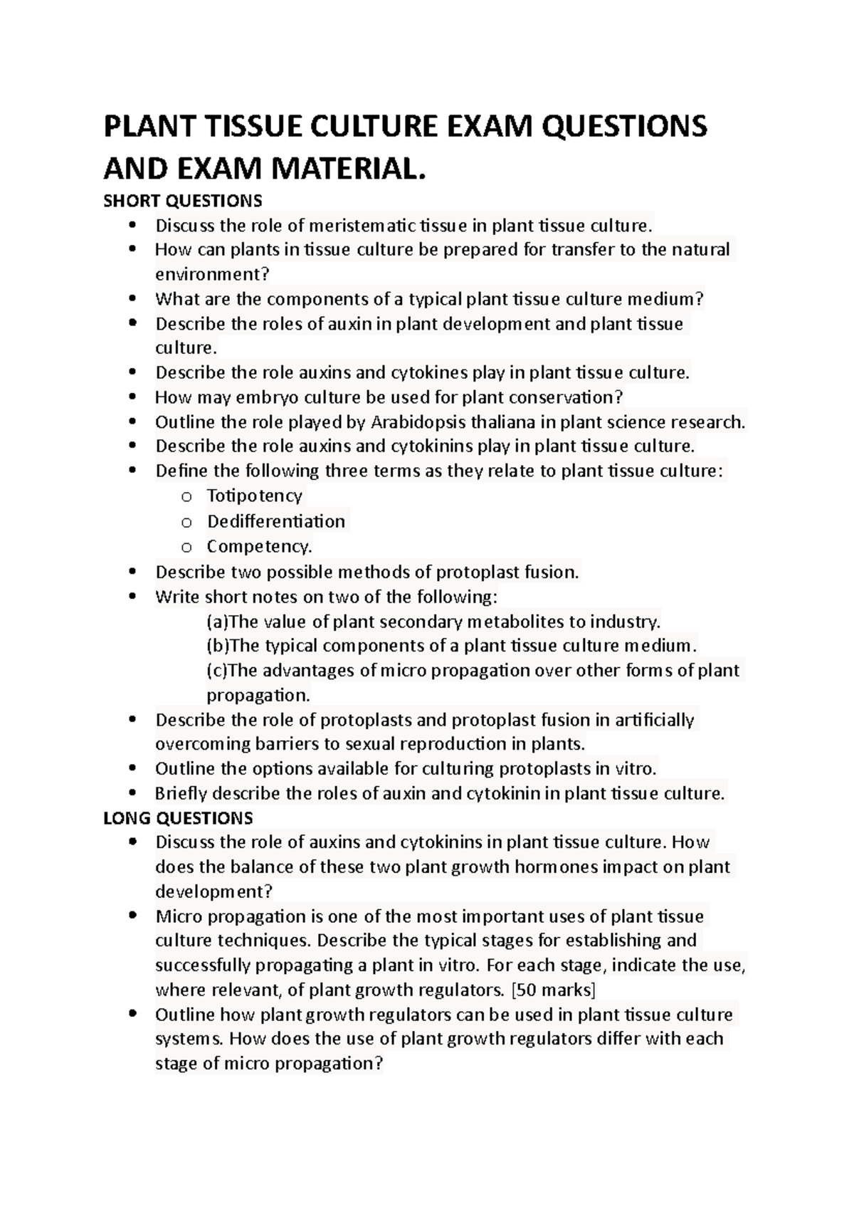Plant Tissue Culture EXAM Questions AND EXAM Material PLANT TISSUE