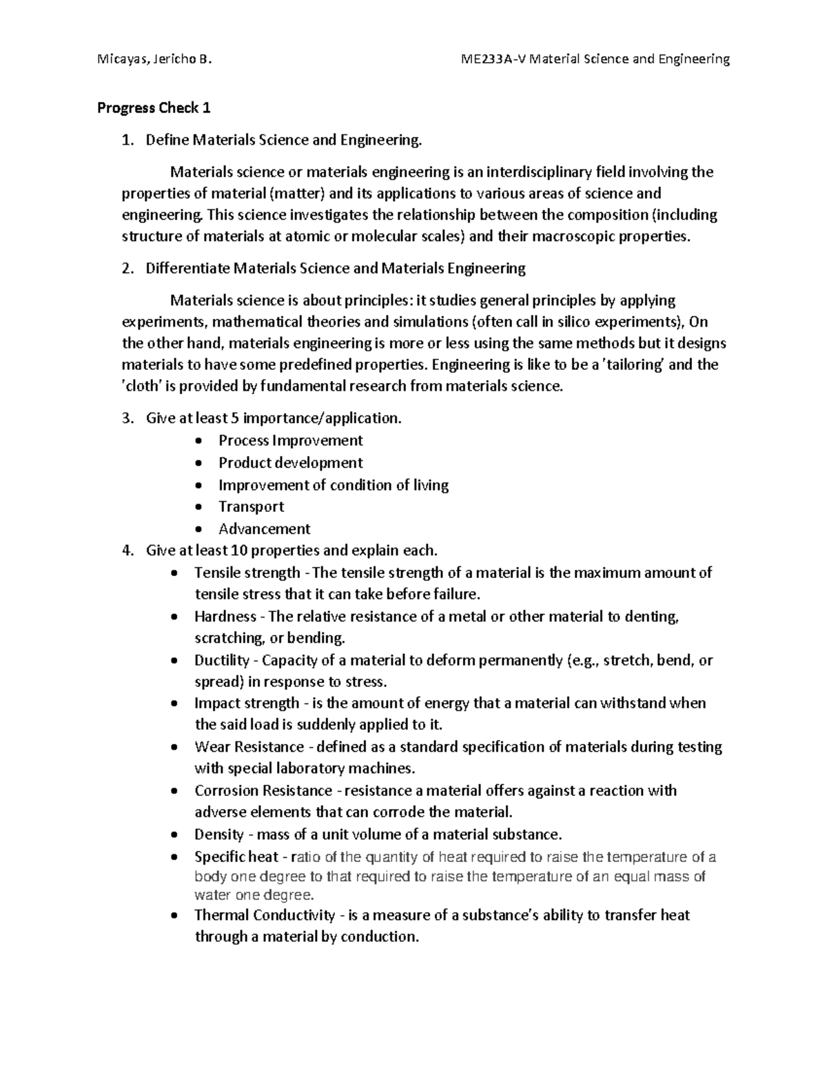 Micayas, Jericho B. ME233A Week 1-4 - Progress Check 1 Define Materials ...