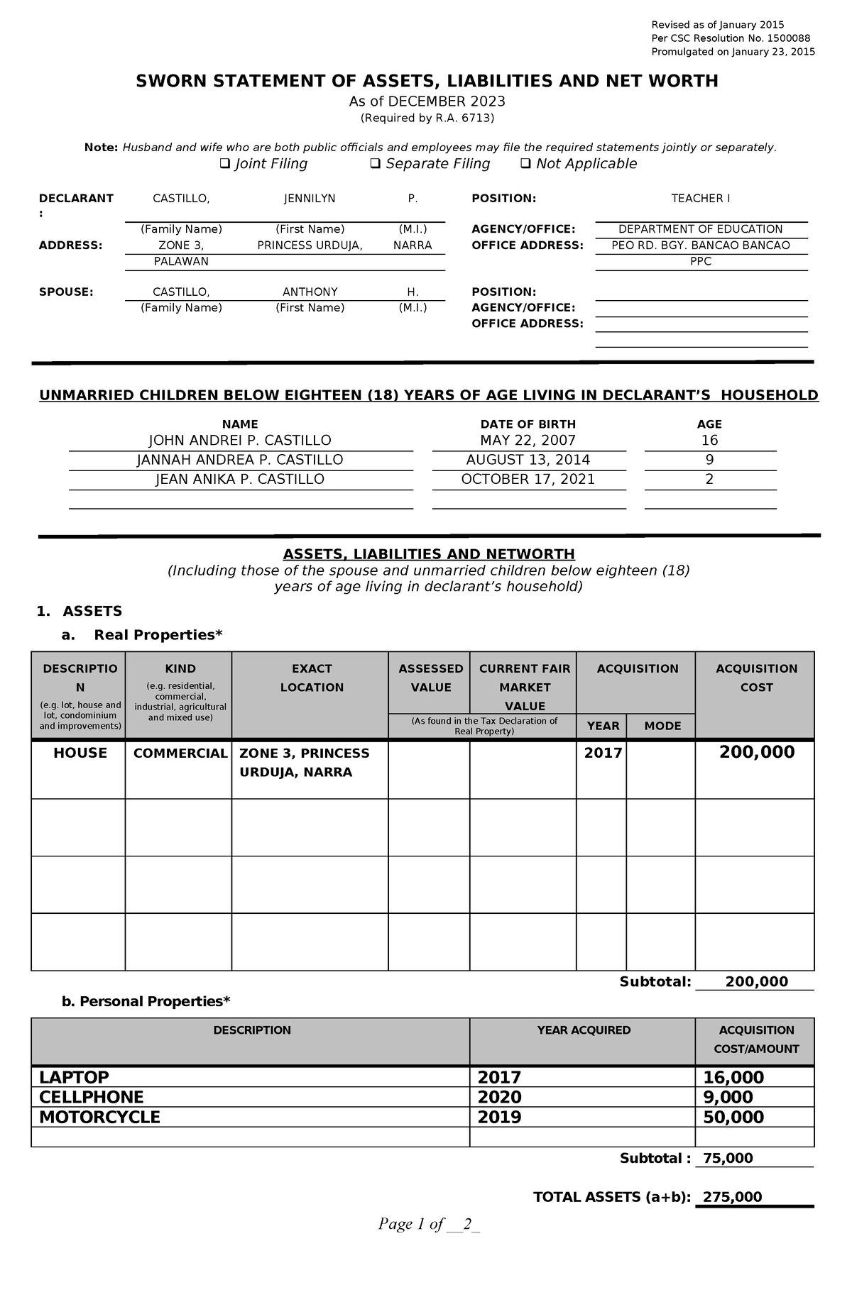 Statement of Assets and Liabilities SALN Form Revised January 2015 ...