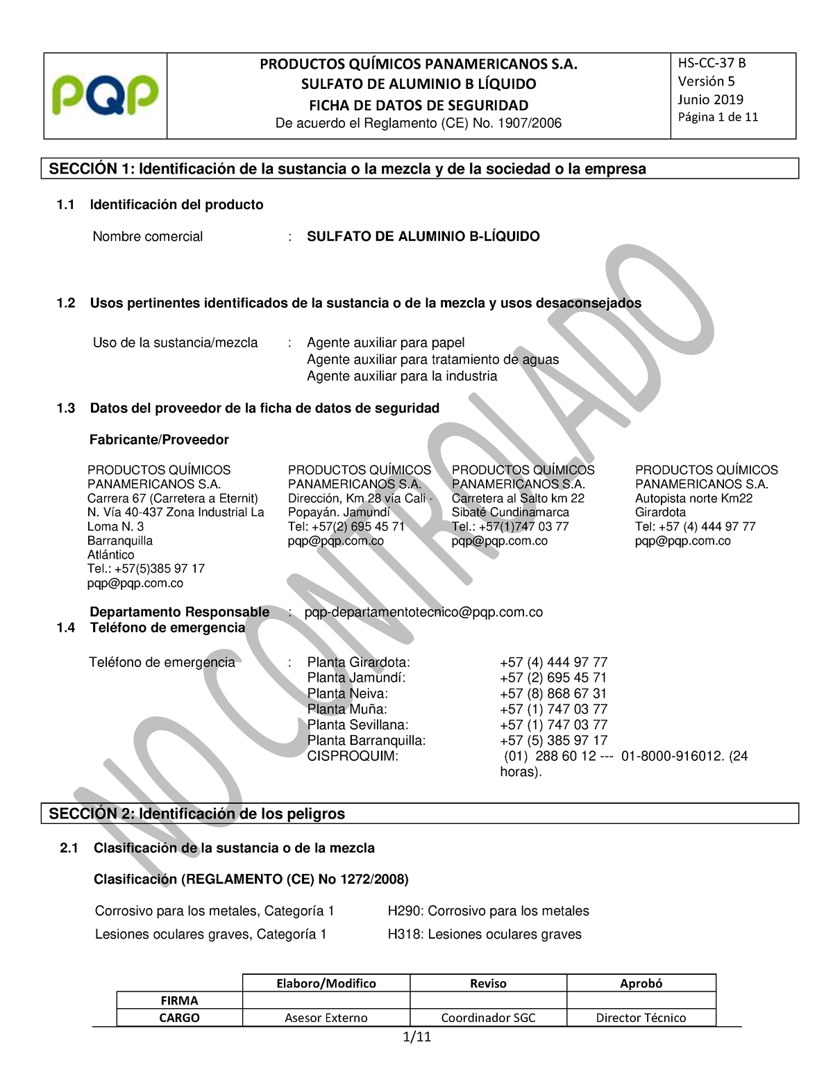 FDS - Sulfato de aluminio tipo B - PQP - Elaboro/Modifico Reviso AprobÛ  FIRMA CARGO Asesor Externo - Studocu