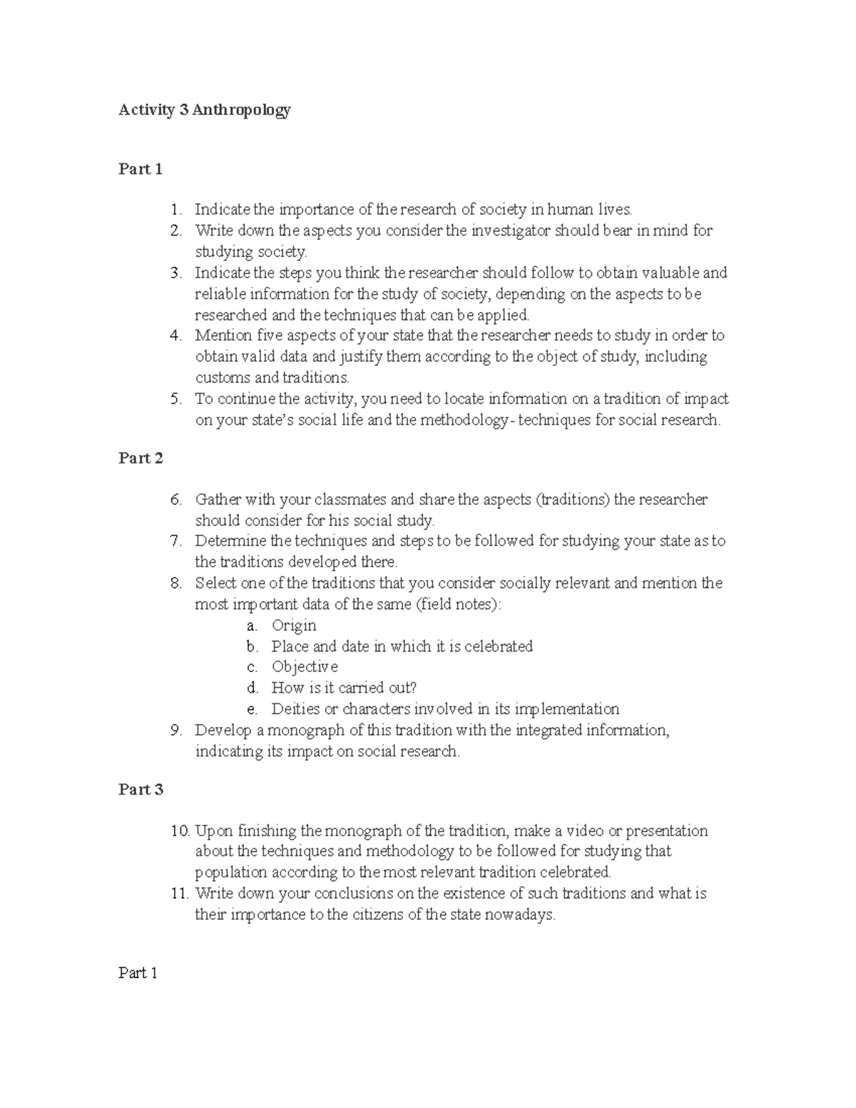 Activity 3 Anthropology - Activity 3 Anthropology Part 1 Indicate the ...