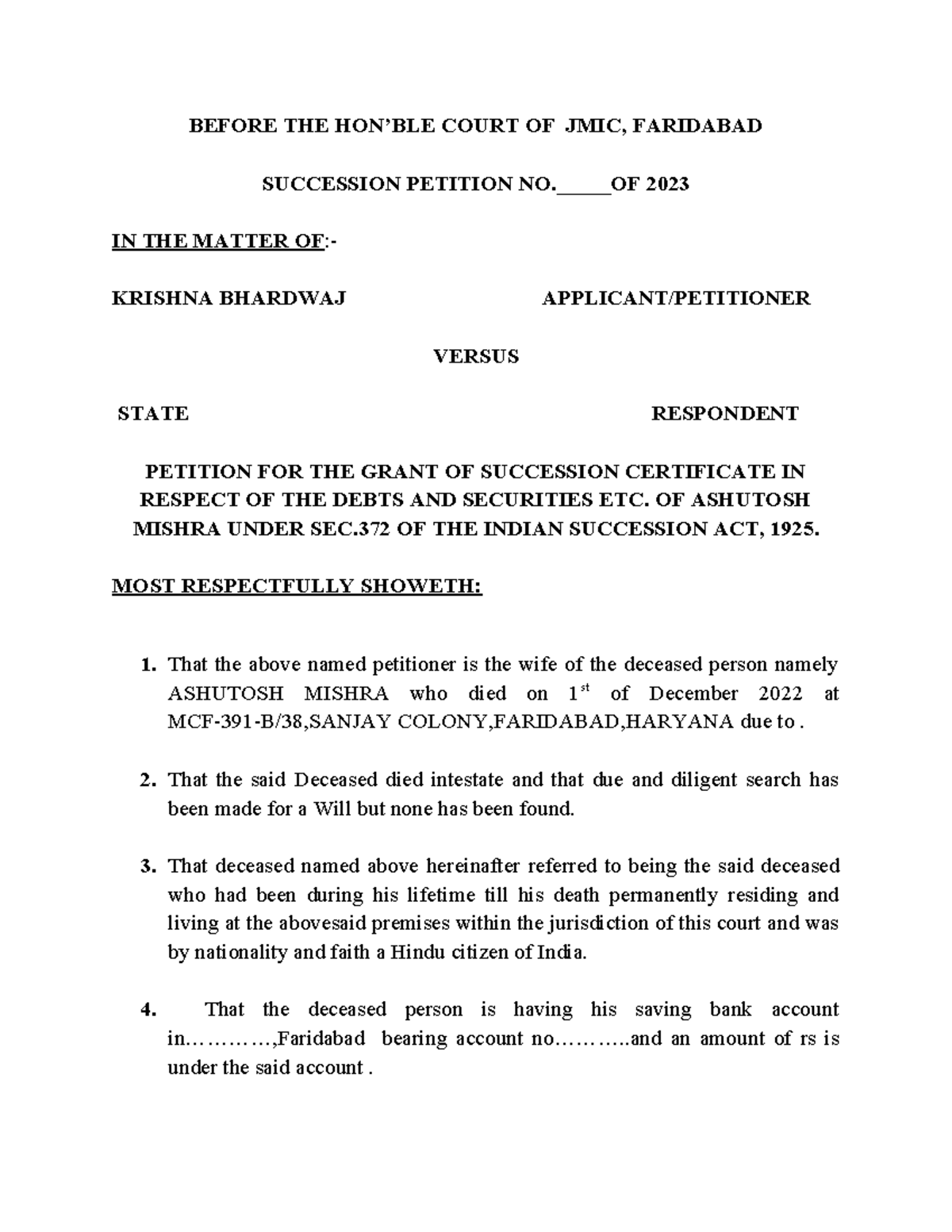 Succession Certificate Application - BEFORE THE HON’BLE COURT OF JMIC ...