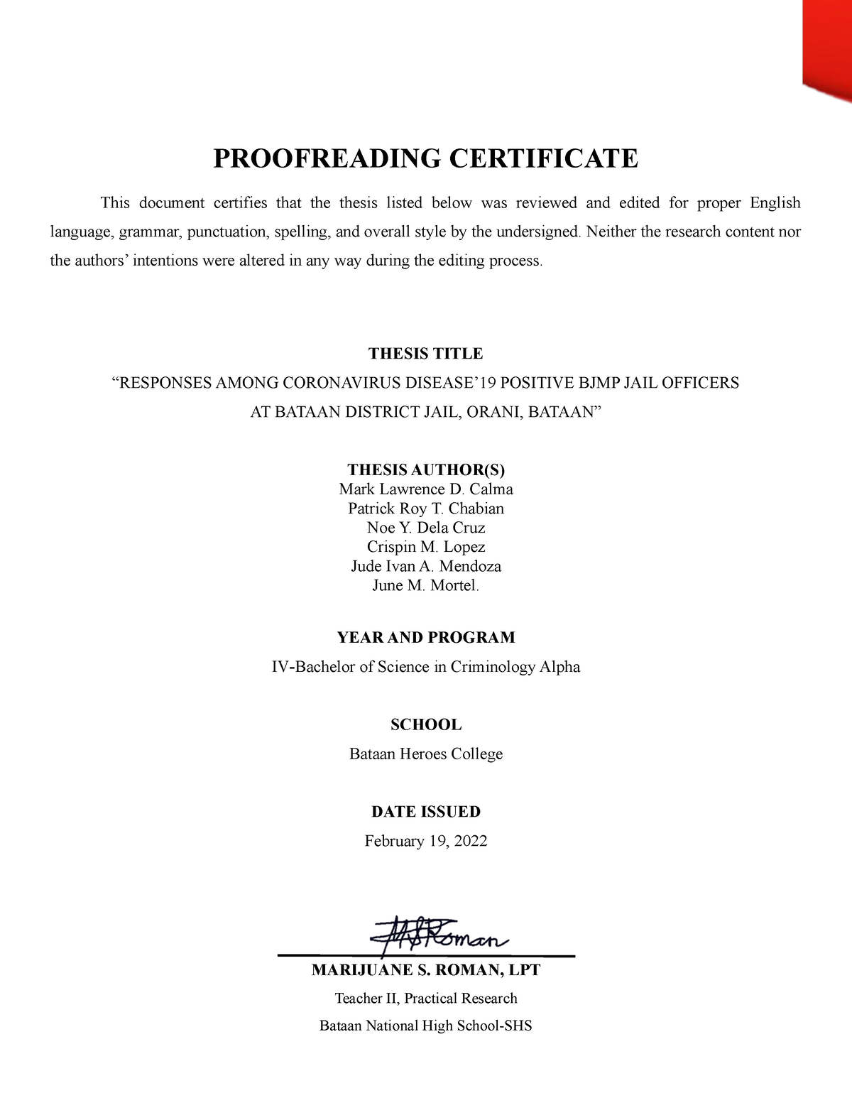 certificate of proofreading thesis