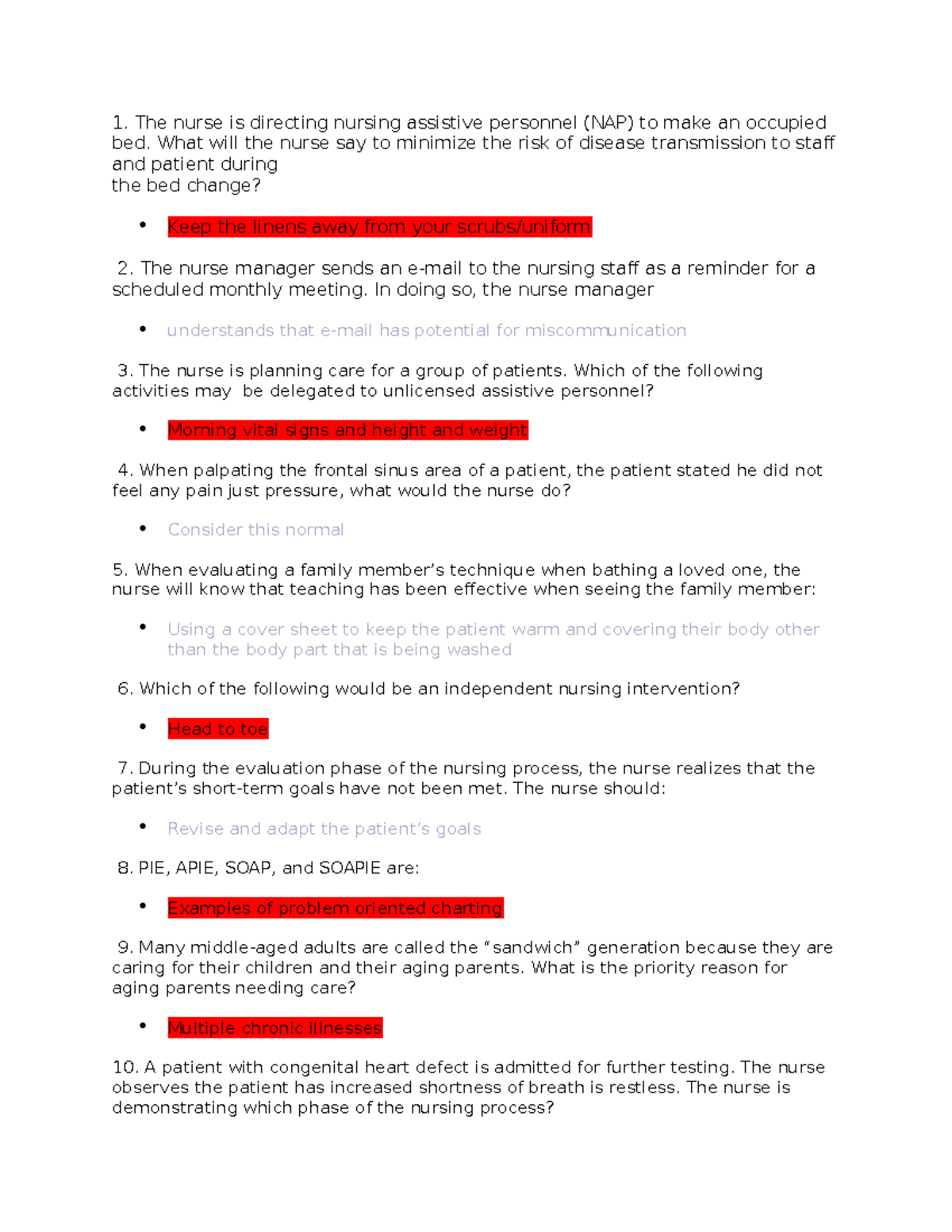 1020c exam 2 1. The nurse is directing nursing assistive personnel