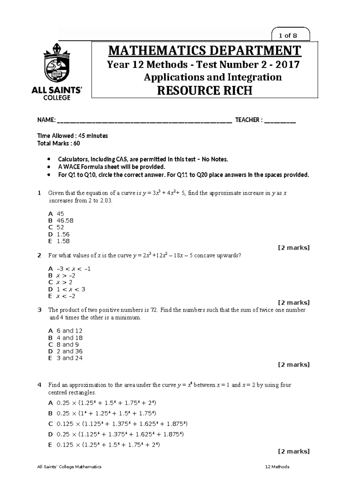 ASC Meth 2017 Test 2 Integration - Circle the correct NAME: - Studocu