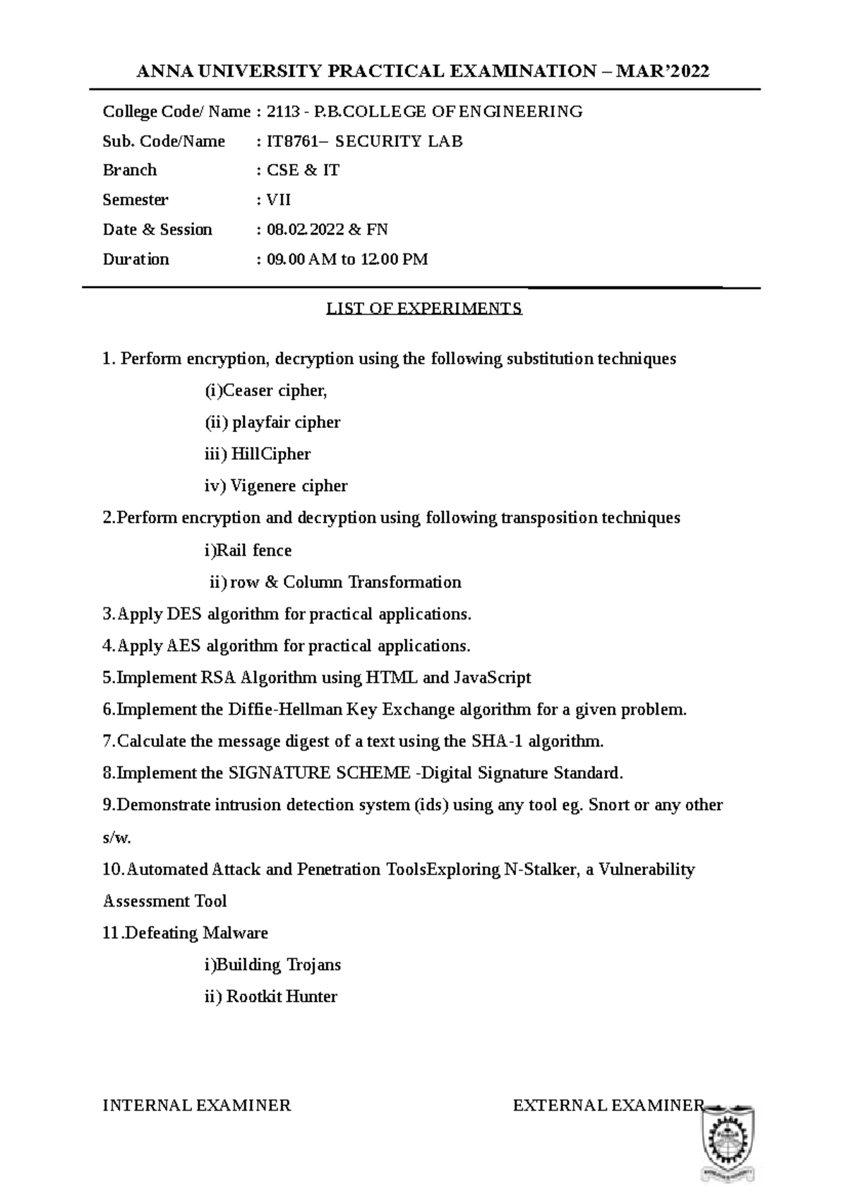 IT8761 security lab questions ANNA UNIVERSITY PRACTICAL EXAMINATION