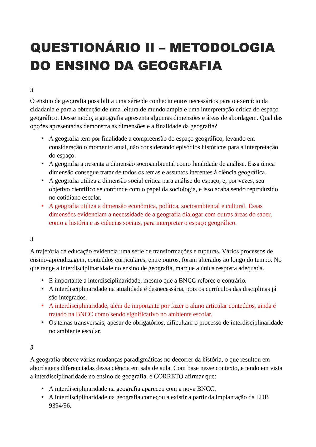 Questionário II – Metodologia DO Ensino DA Geografia - QUESTIONÁRIO II ...