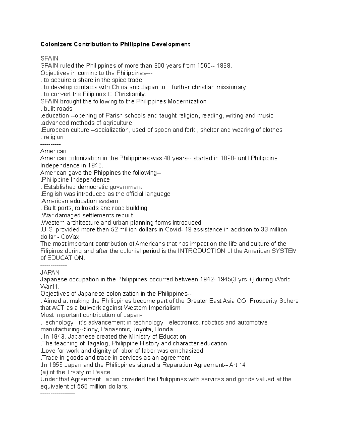 Colonizers Contribution to Philippine Development Colonizers