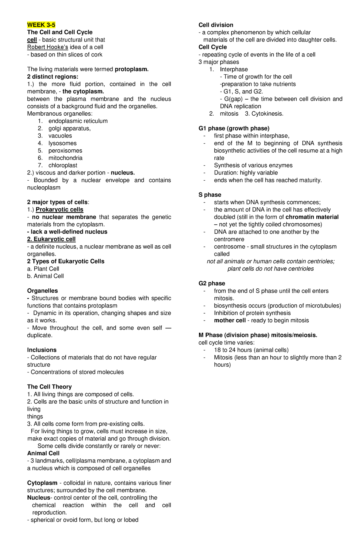 Bio - Reviewer 11 - Week 3- 5 The Cell And Cell Cycle Cell - Basic 