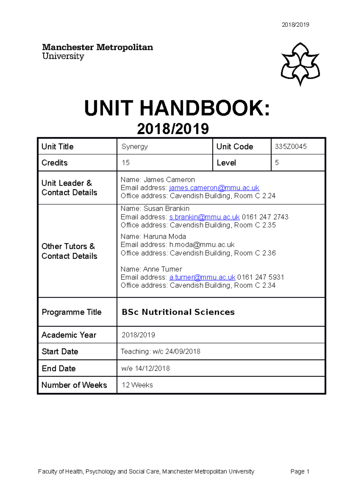 NS Synergy Unit handbook 2018-19 - UNIT HANDBOOK: 2018/ Unit Title ...