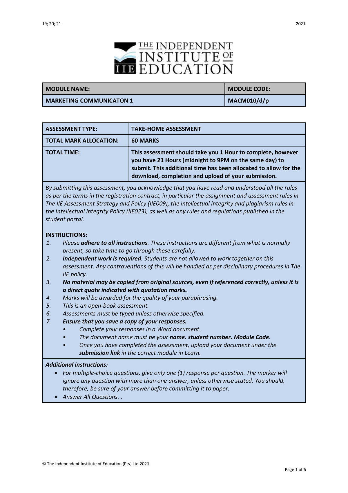 Take-Home Test 1 - Note - © The Independent Institute Of Education (Pty ...