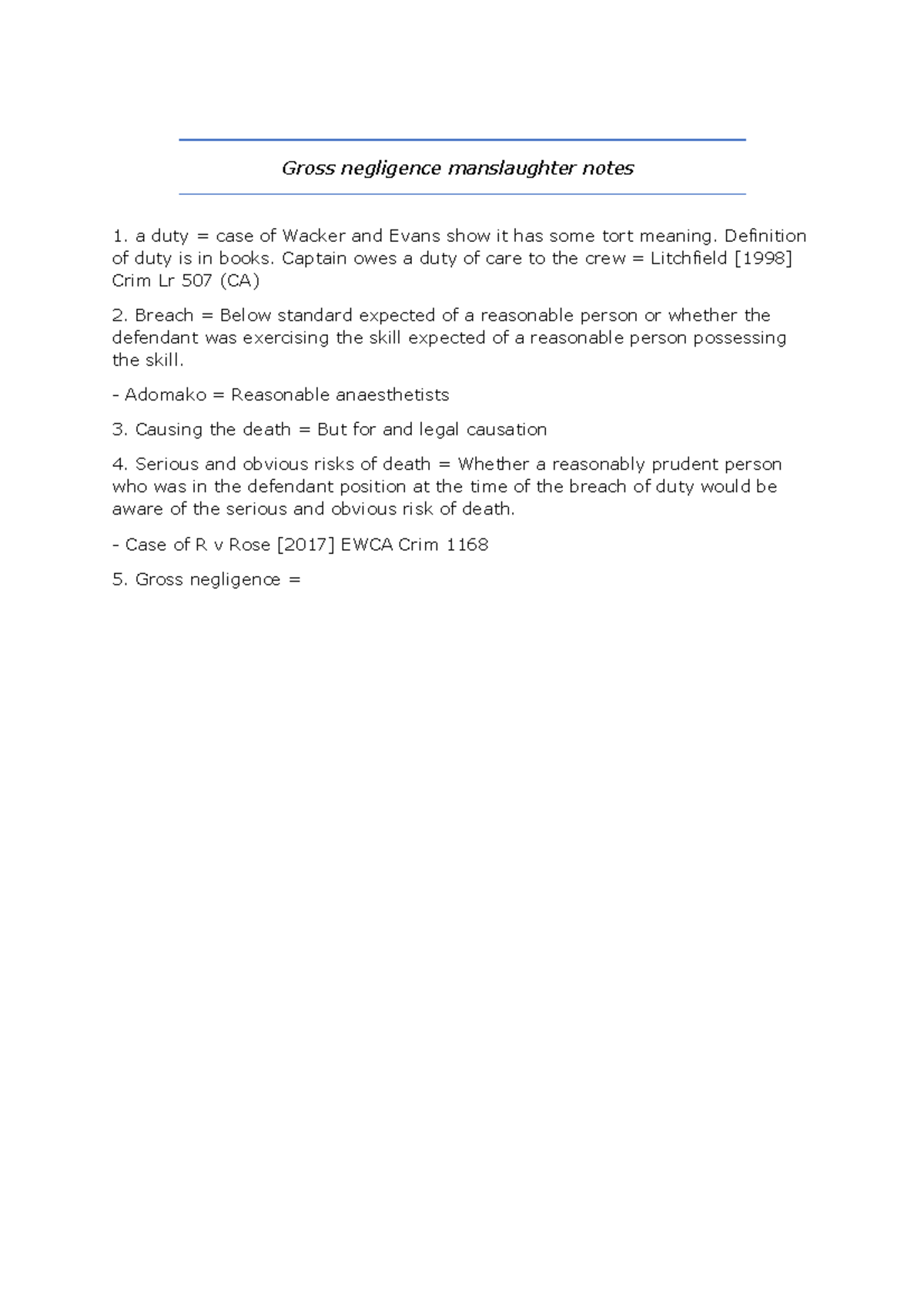 Gross negligence manslaughter notes - Applied Criminal - Gross ...