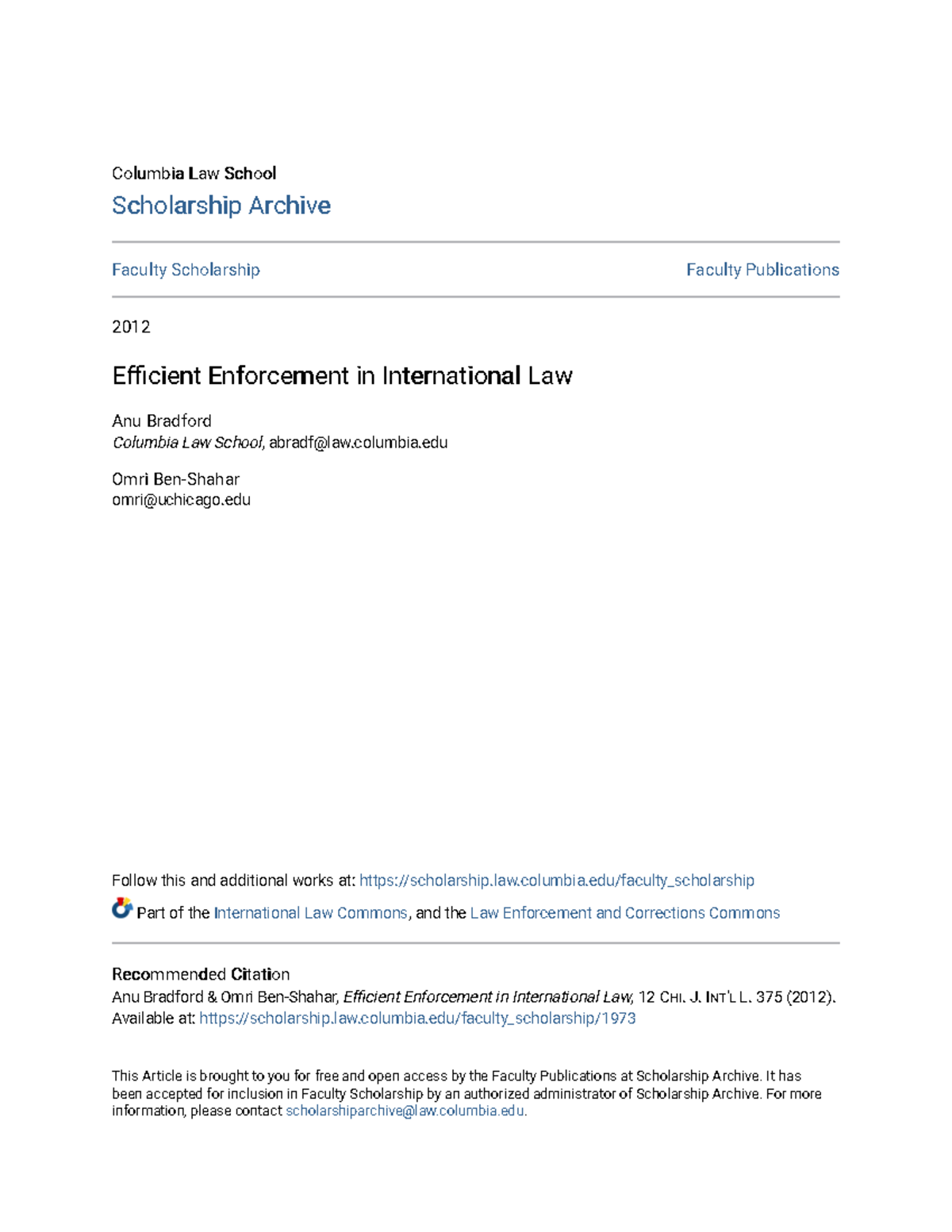 Red. Efficient Enforcement in International Law Columbia Law School