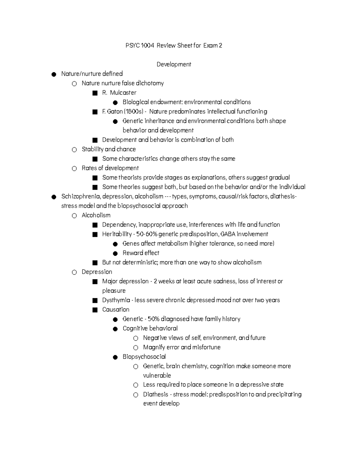 Review for Exam 2 - Intro Psych - PSYC 1004 Review Sheet for Exam 2 ...