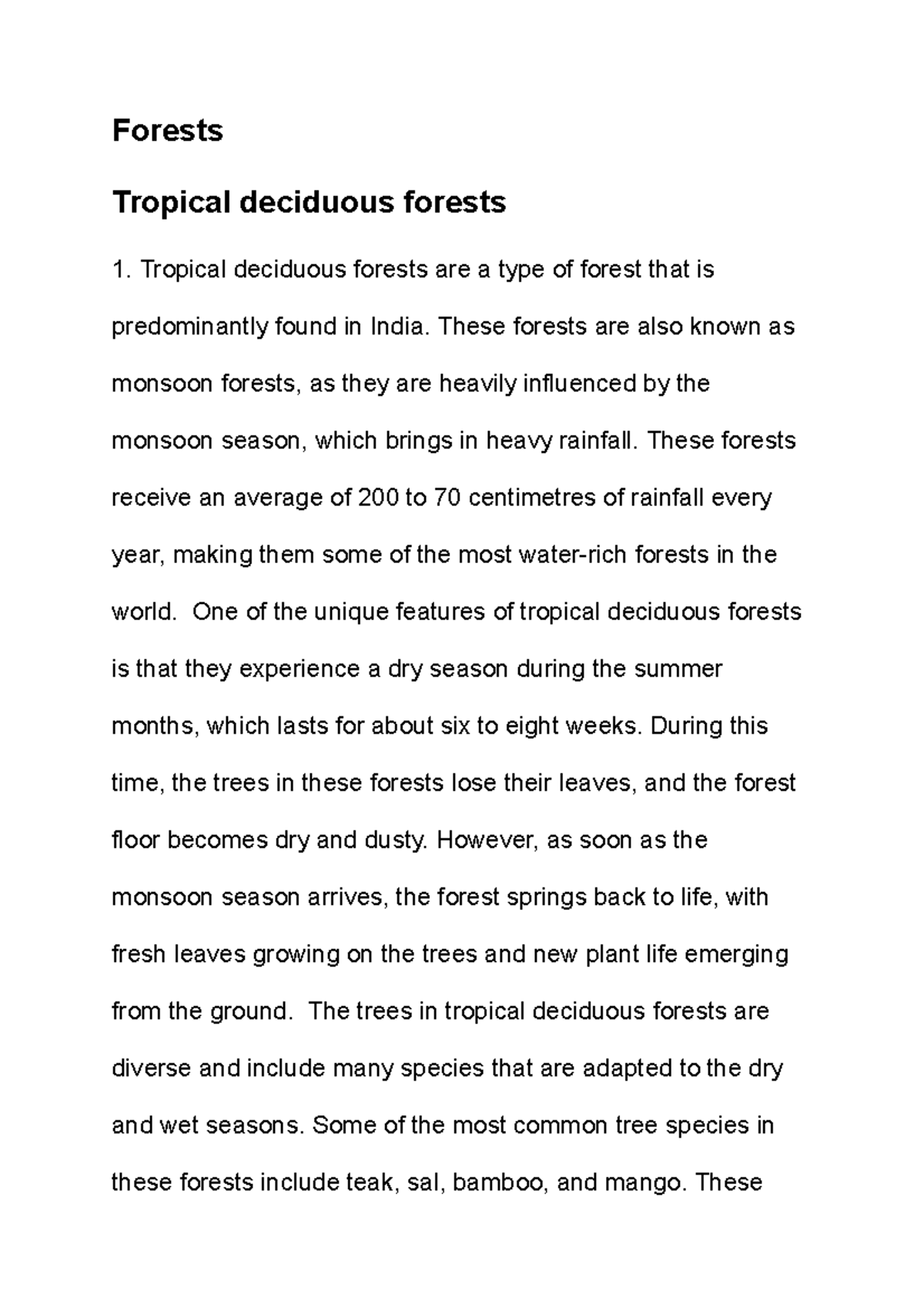 Forests - Notes - Forests Tropical deciduous forests Tropical deciduous ...