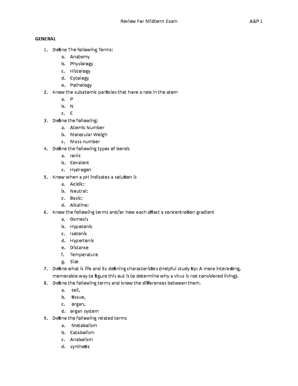 A&P 1 Midterm Study Guide - GENERAL Define The Following Terms: A ...