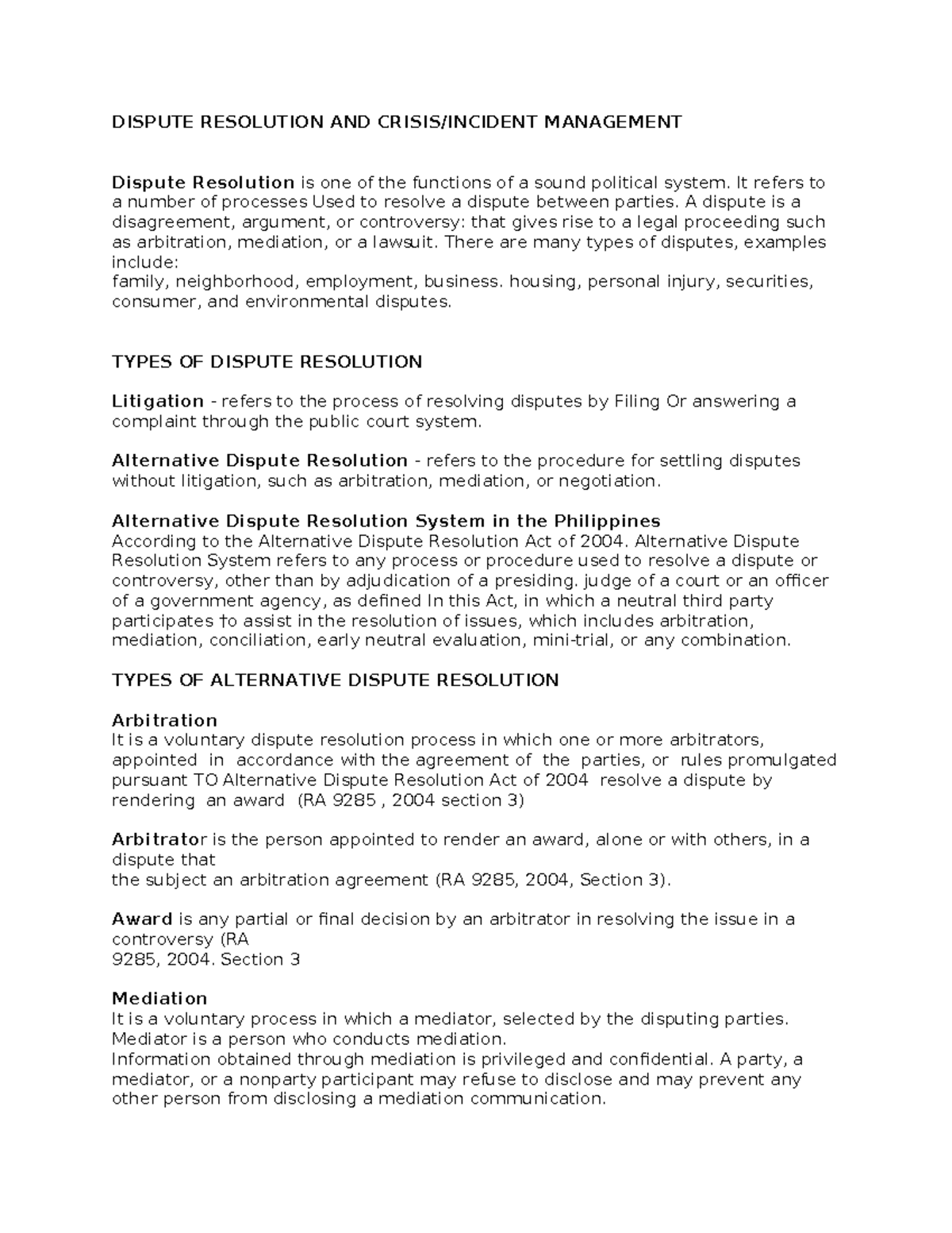 Dispute- Management-reviewer - DISPUTE RESOLUTION AND CRISIS/INCIDENT ...