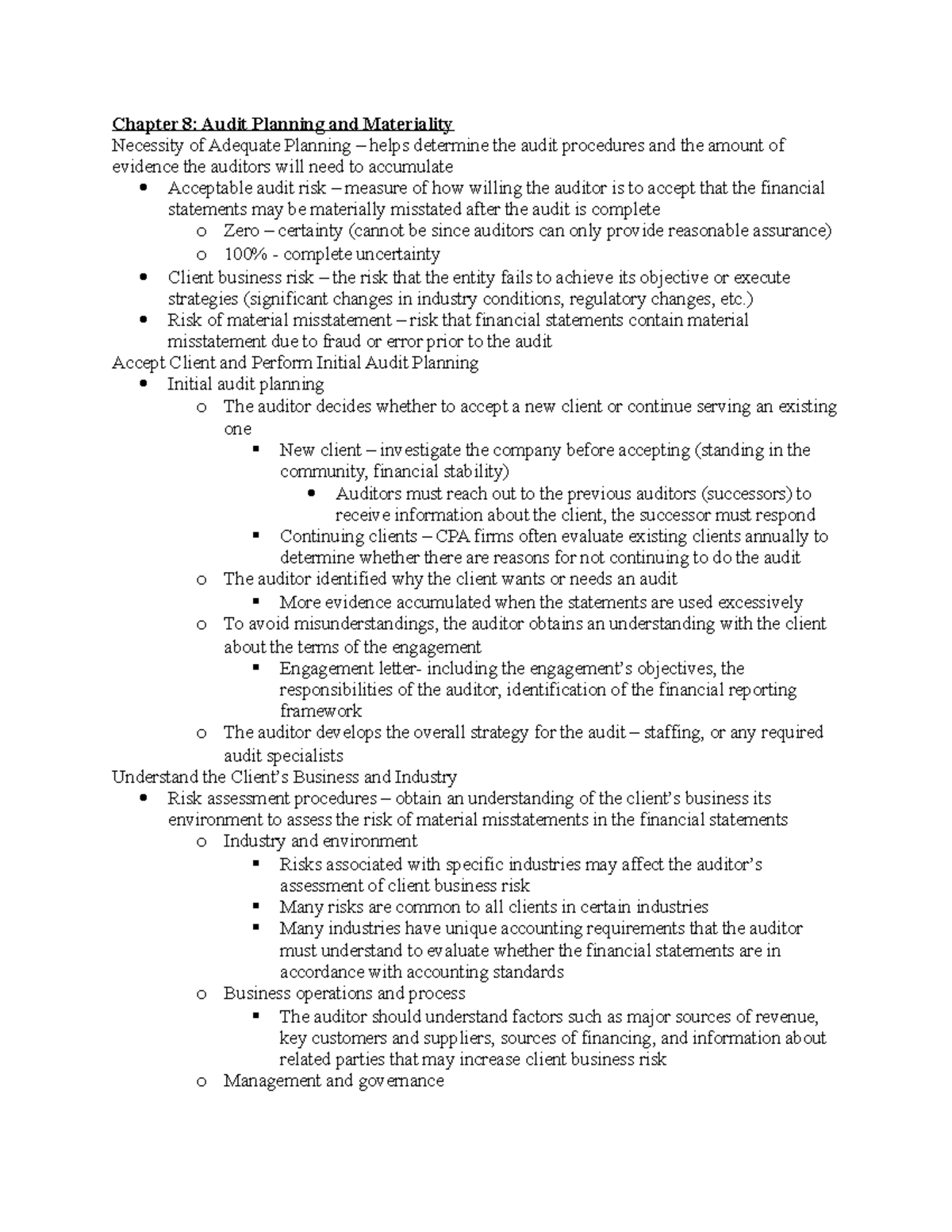 Chapter 8 Notes - Chapter 8: Audit Planning And Materiality Necessity ...