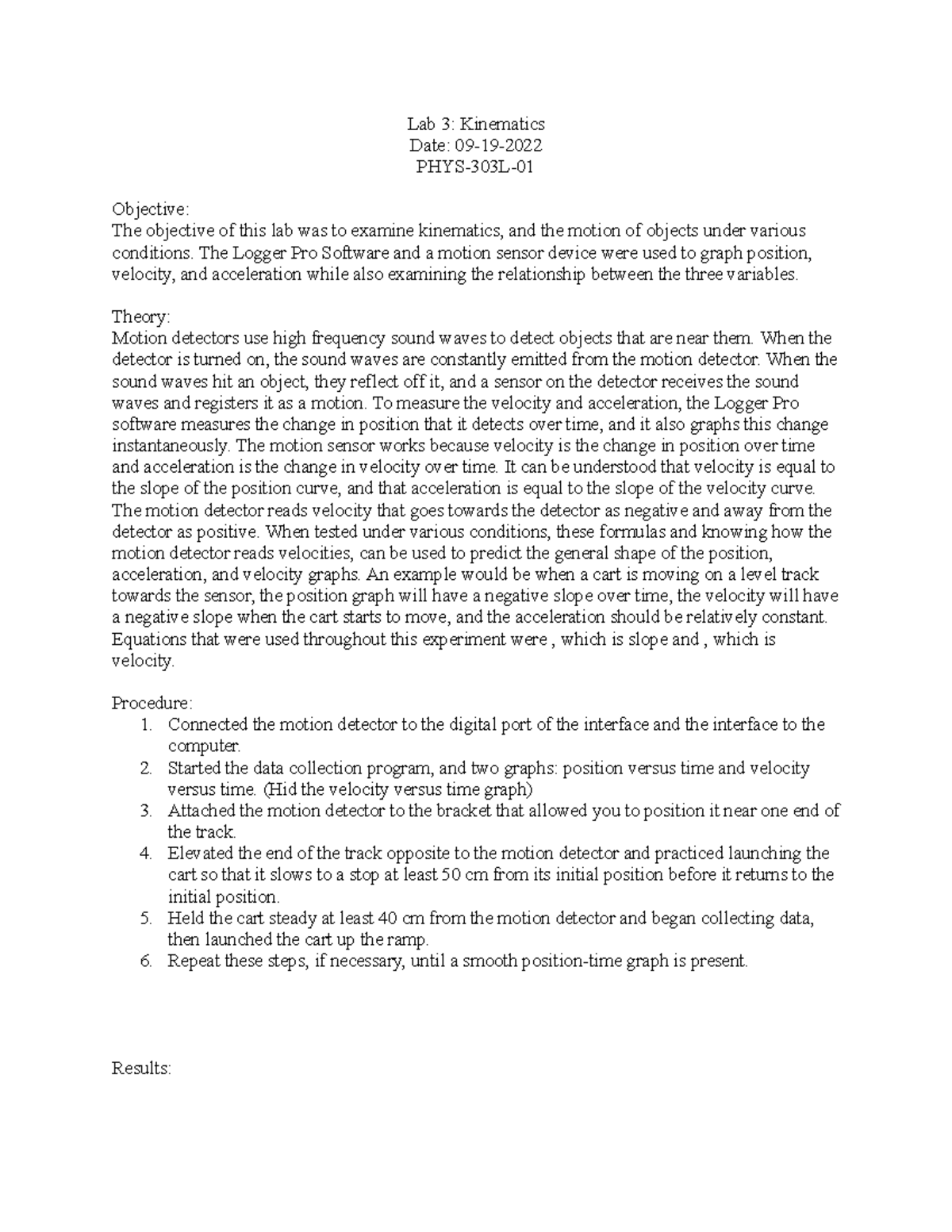 Kinematics Lab 3 Lab Report Lab 3 Kinematics Date 0919 PHYS