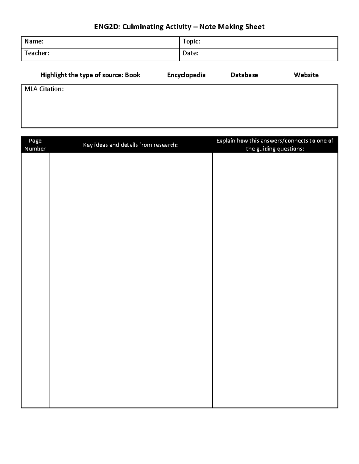 2D Culminating Note Card - Hth Sci 1H06 - ENG2D: Culminating Activity ...