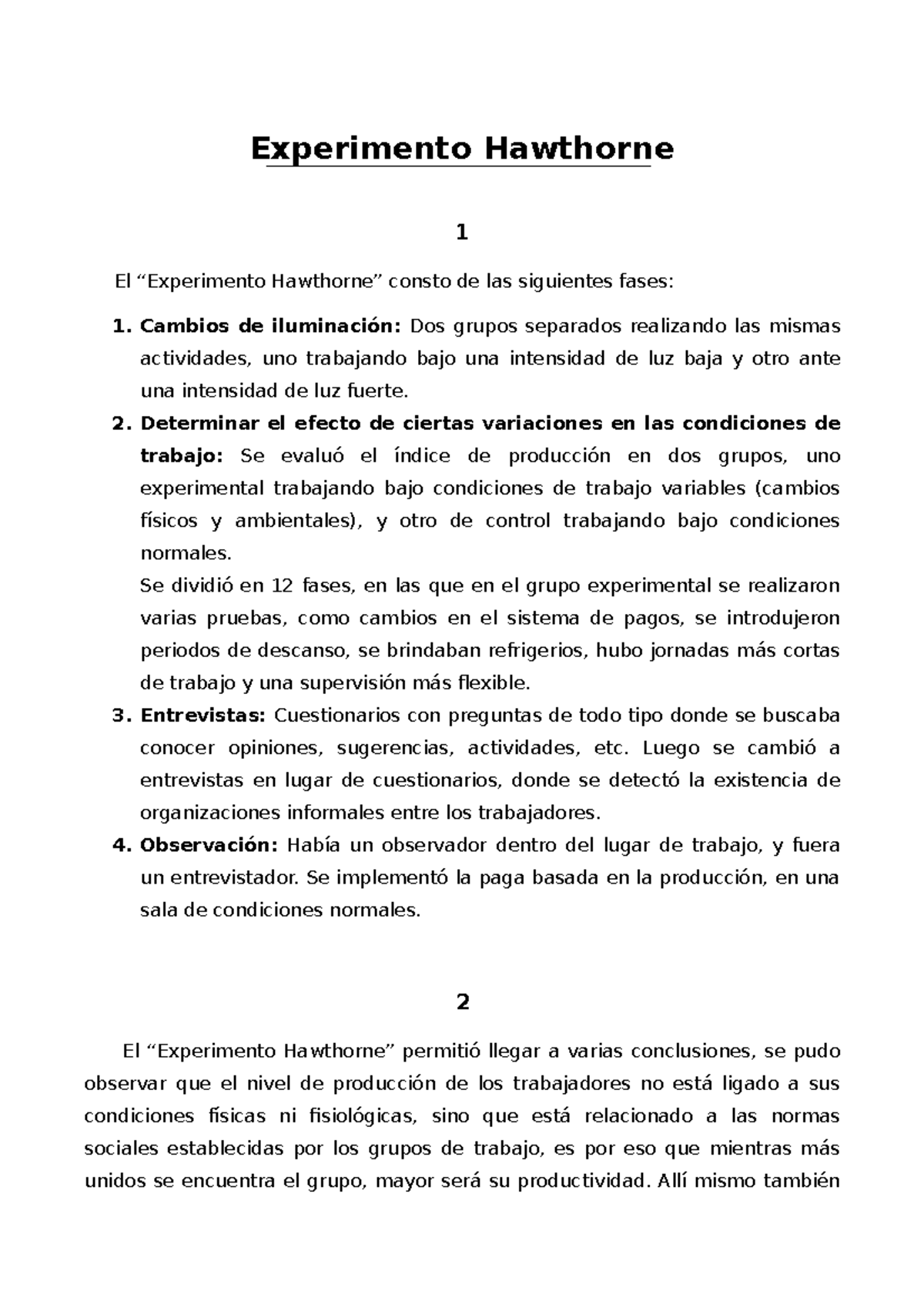 Trabajo Práctico Experimento Hawthorne Administración Experimento