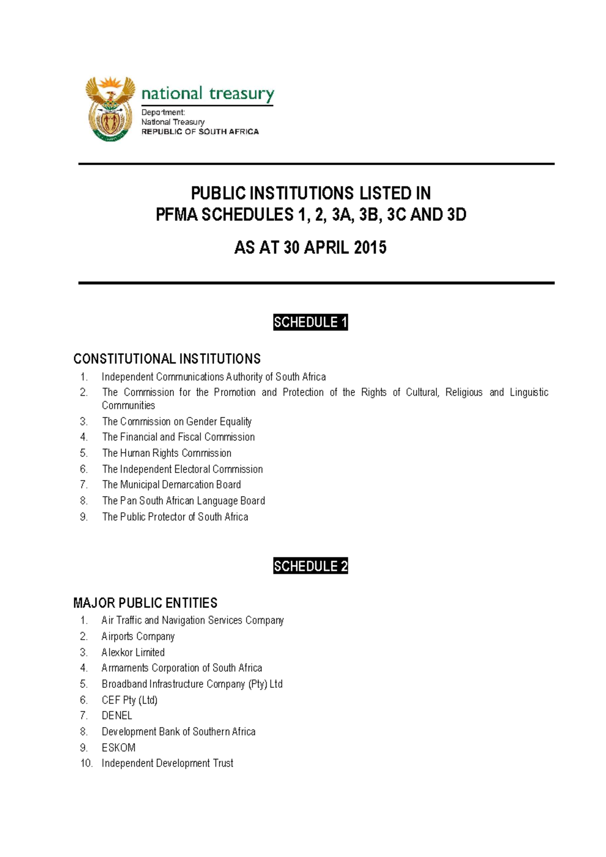 2015-04-30 Public institutions Sch 1-3D - PUBLIC INSTITUTIONS LISTED IN ...