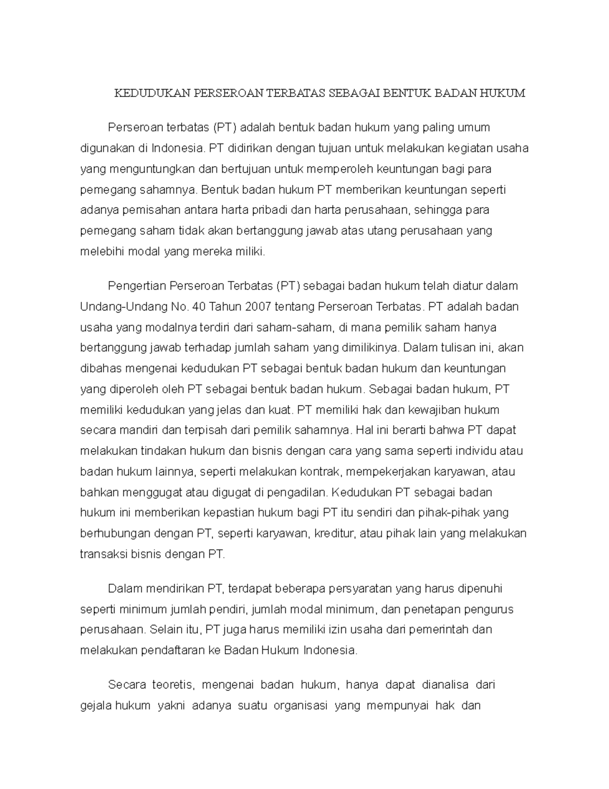 Perseroan Terbatas - Summary - KEDUDUKAN PERSEROAN TERBATAS SEBAGAI ...