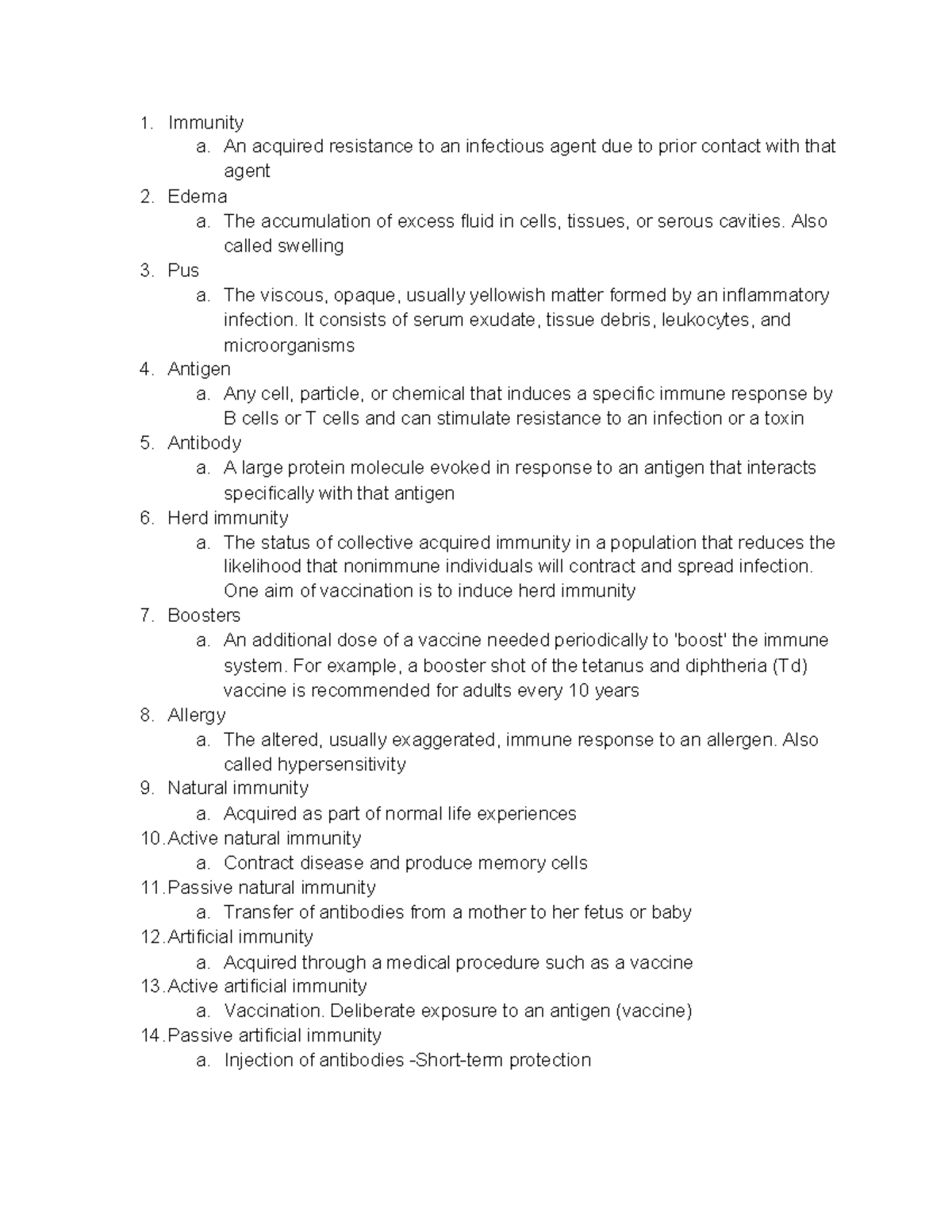 Tamucc Microbiology terms and tables for final Immunity a. An