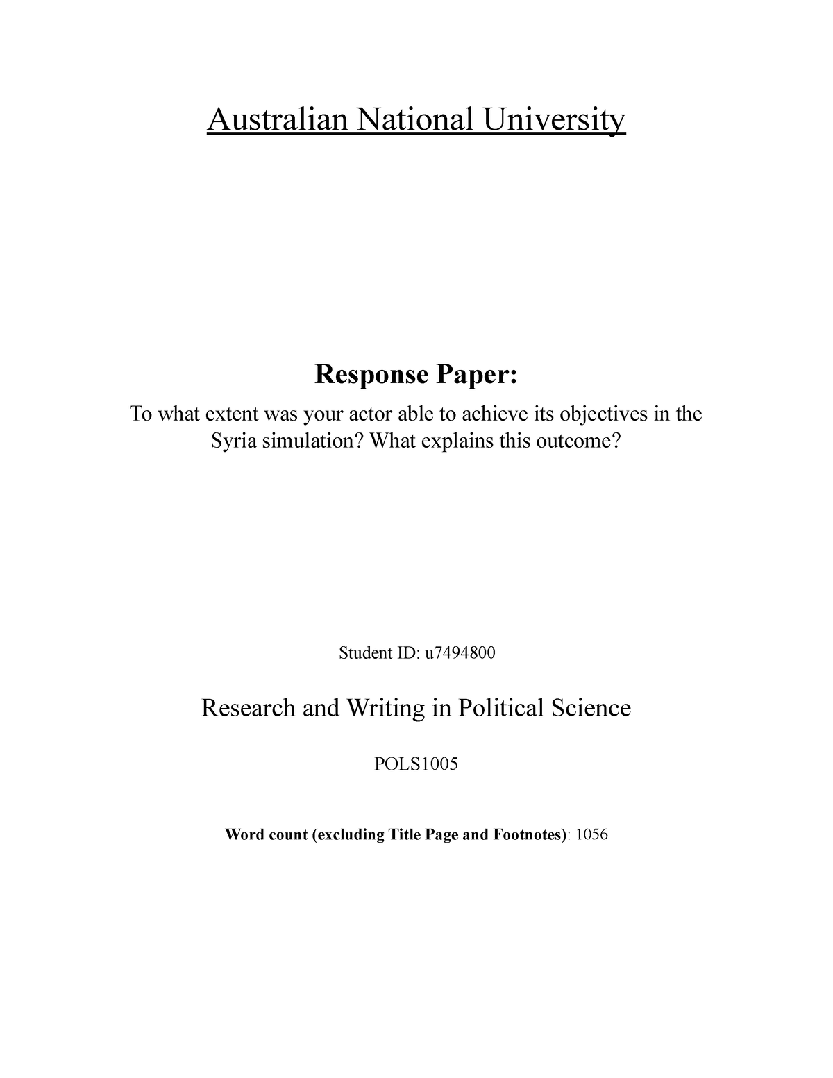 POLS1005 - Response Paper - Australian National University Response ...