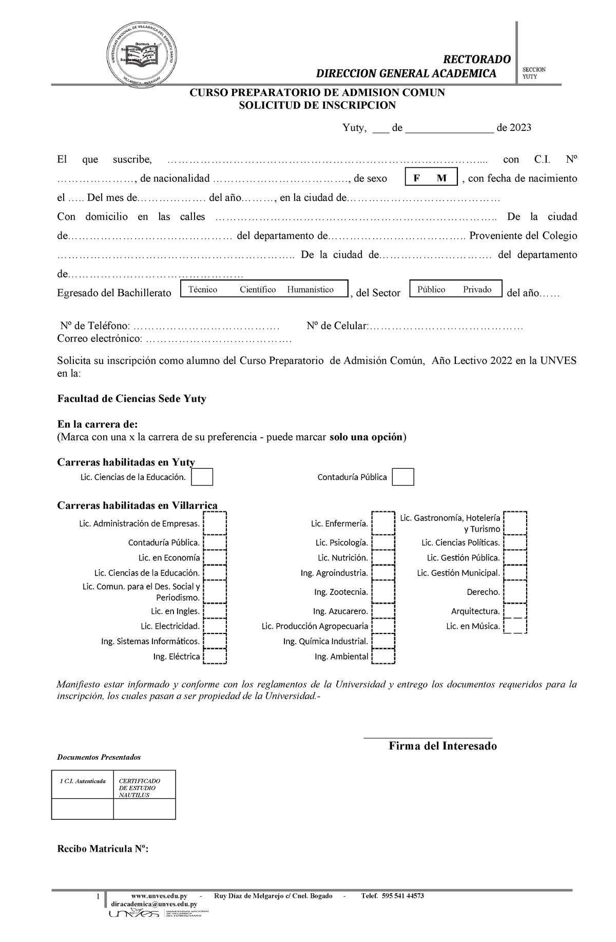 Formulario De Inscripcion Cpa 2023 Yuty Rectorado Direccion General Academica Seccion Yuty 8146