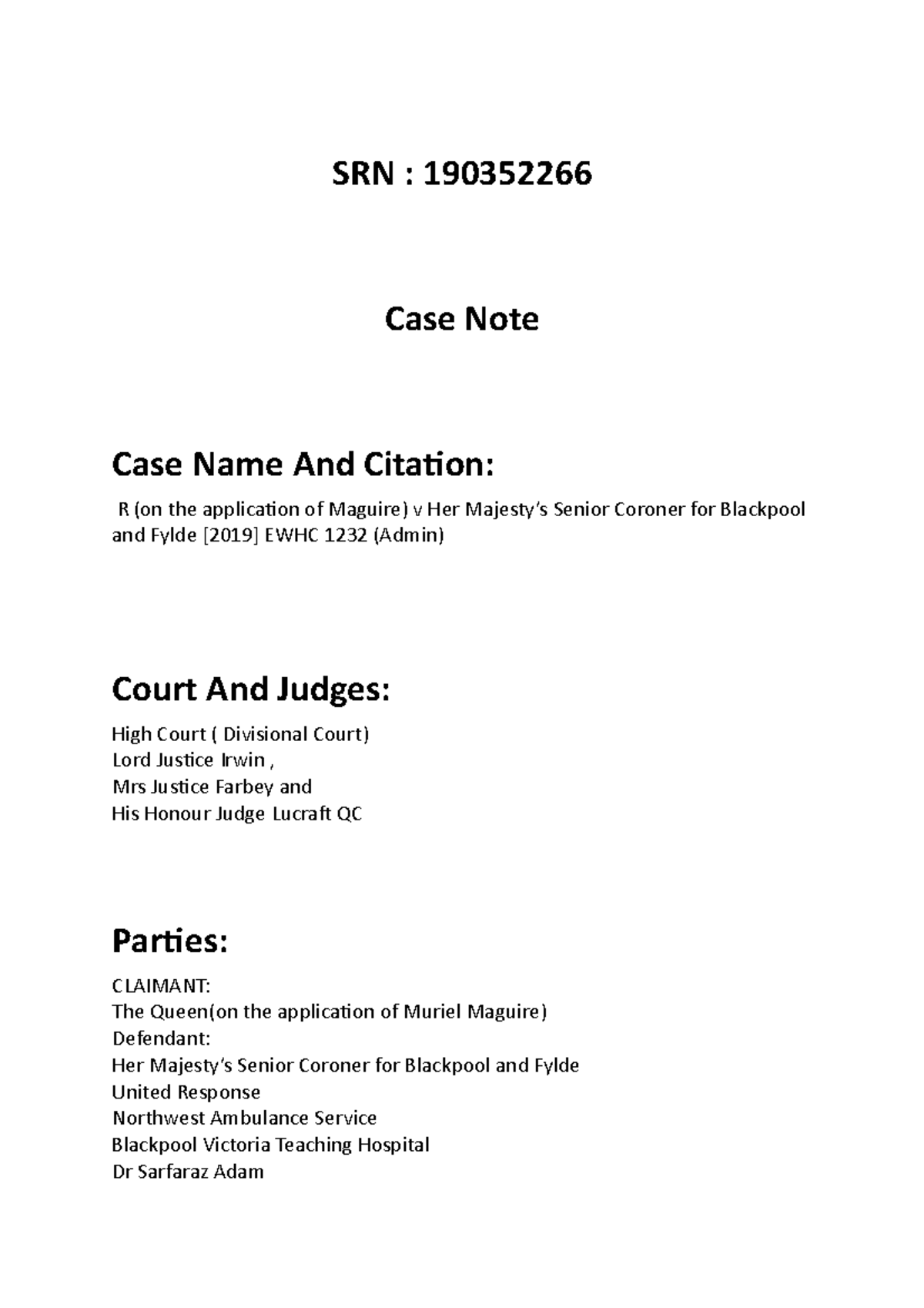 Casenotebilal - Lsm case note - SRN : 190352266 Case Note Case Name And ...