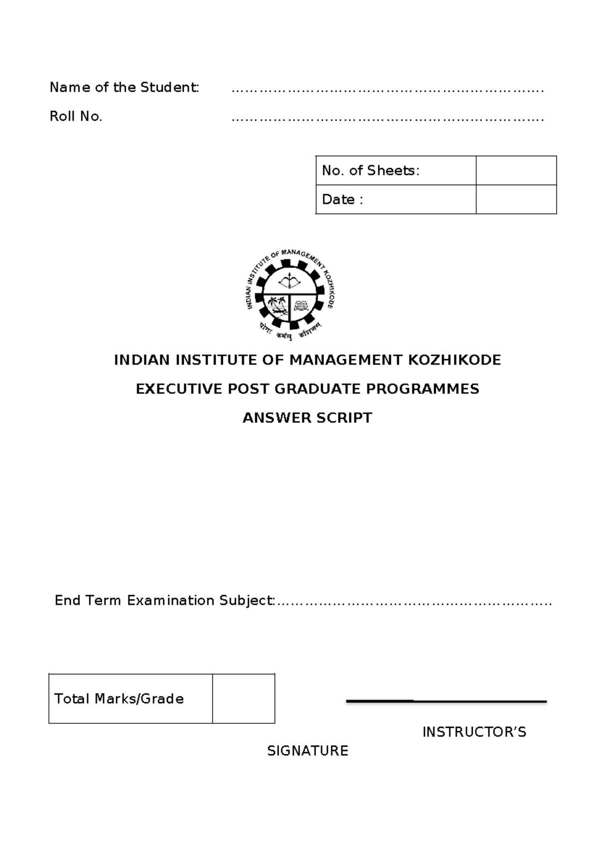 Answer Sheet Template - Assignment - Name of the Student: - Studocu