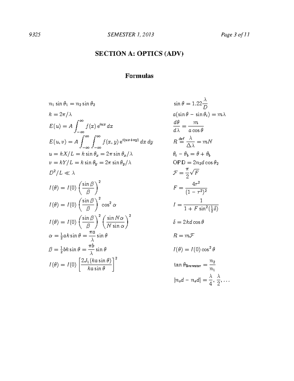 PHYS 2911 Optics Formula Sheet - 9325 SEMESTER 1, 2013 Page 3 of 11 ...
